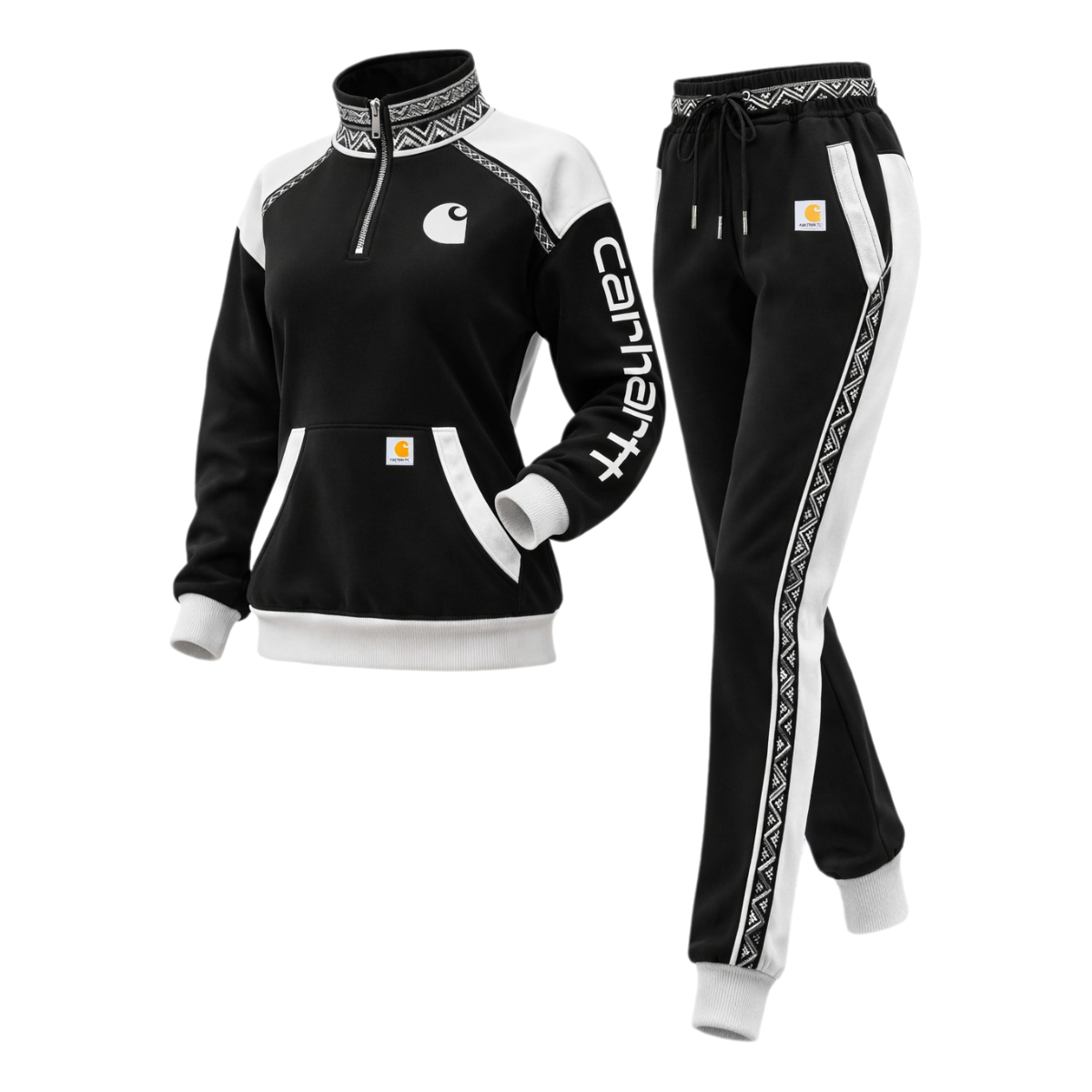 Women's Retro Ethnic Style Half-Zip Stand Collar Sweatshirt And Trousers Set
