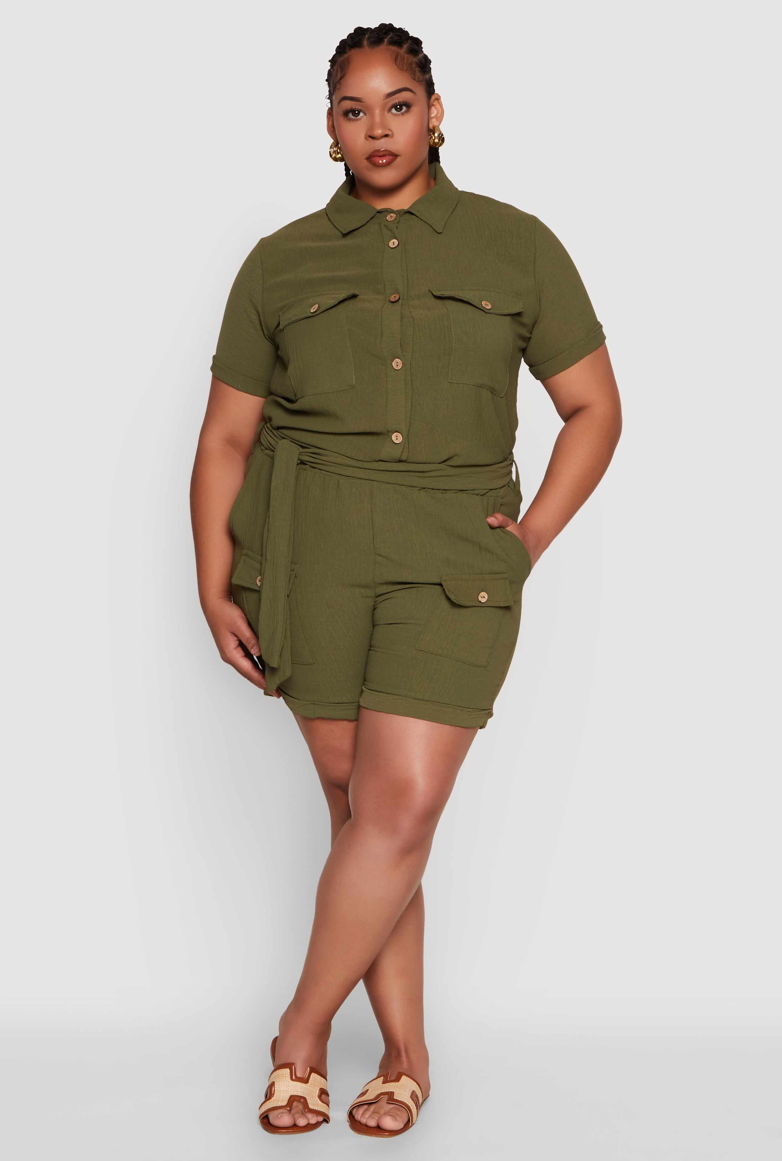 Plus Size Fixed Cuff Shorts with Tie Waist Belt