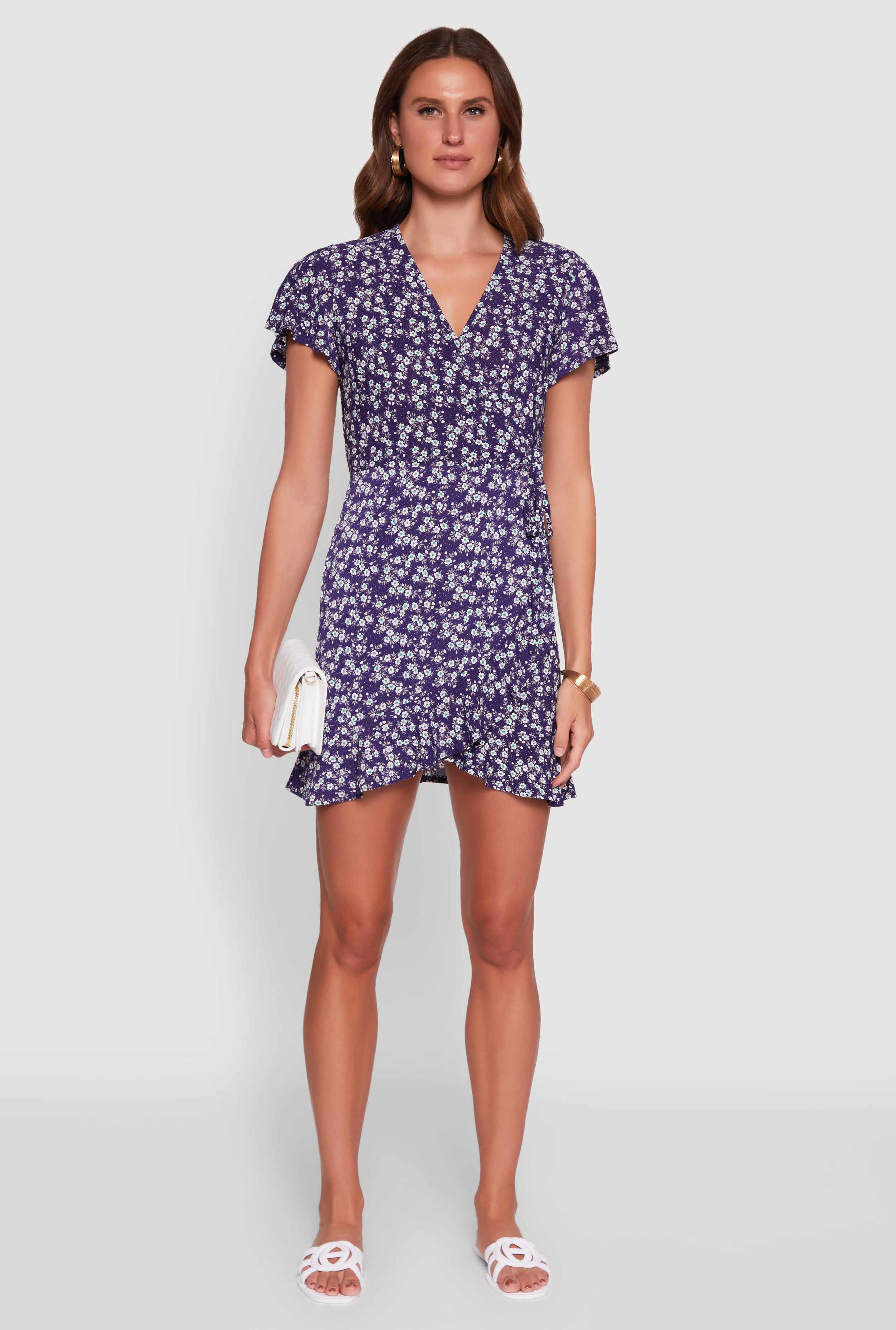 Floral Wrap Dress with Ruffles and V-Neck
