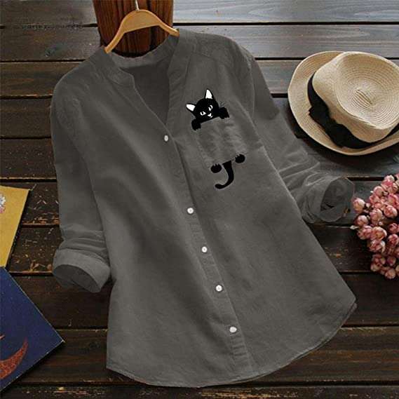 🔥V-neck Cotton And Cat Print Long Sleeve Blouse