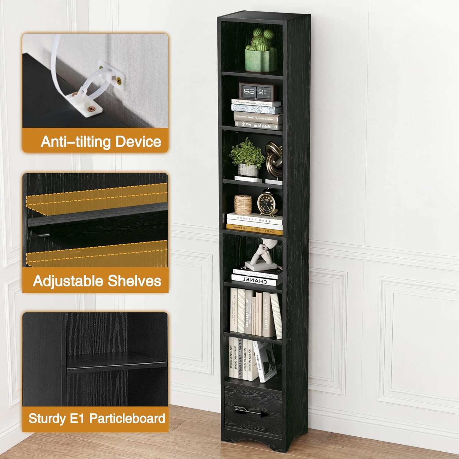 VECELO 8-Tier Tall Narrow Bookshelf