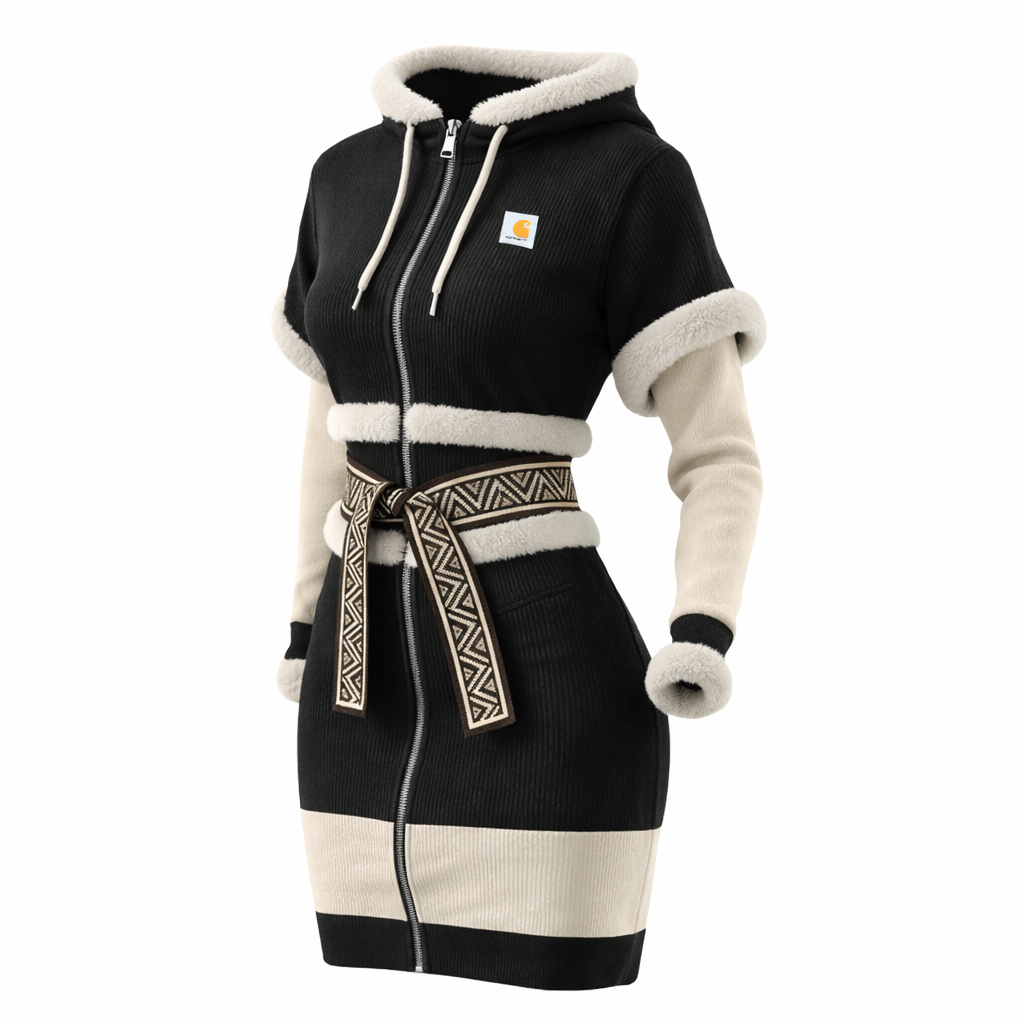 Women's Retro Brown Hooded Knit Dress With Faux Fur Trim