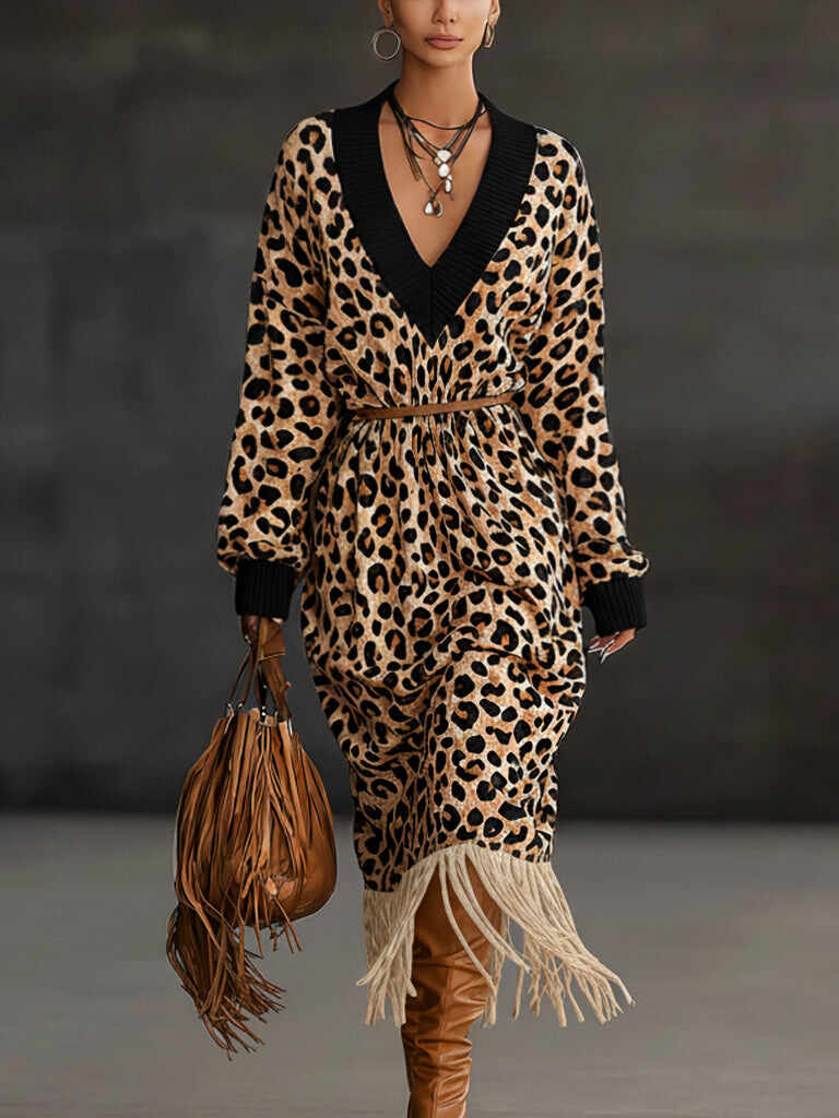 Brown Leopard Print Knit V-Neck Fringe Midi Dress