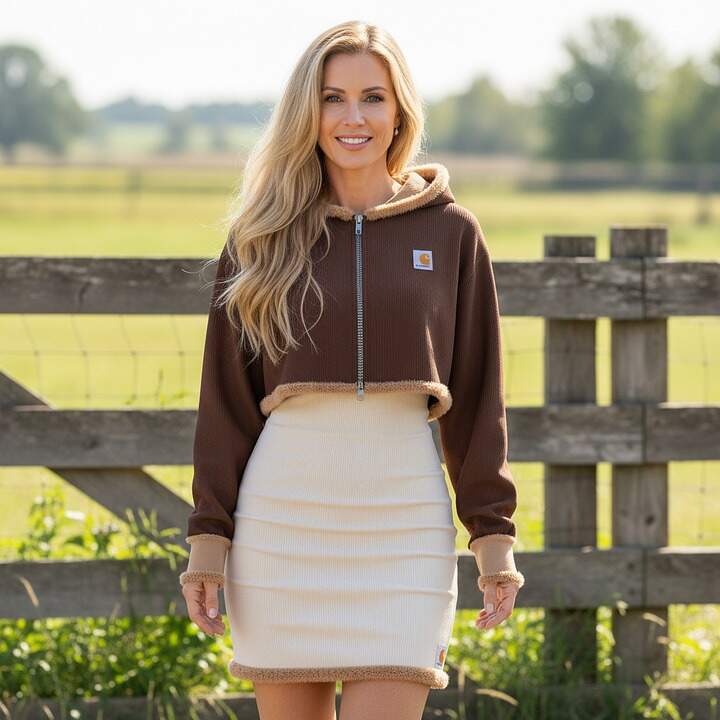 Women's Retro Cozy Brown Hooded Jacket With Cream Ribbed Skirt Set