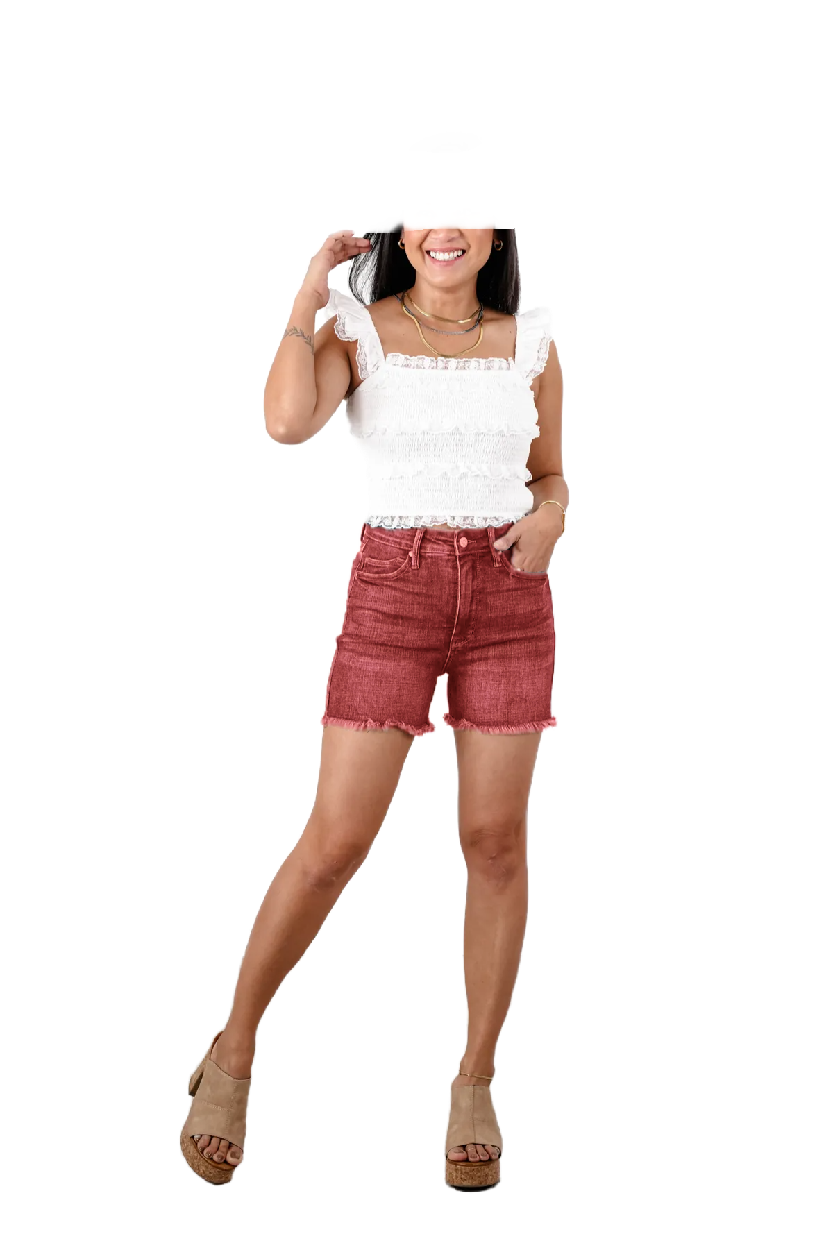 🔥2025 Hot Trend🔥Judy Dark Wash Tummy Control Fray Hem Shorts with Shield Back Pockets