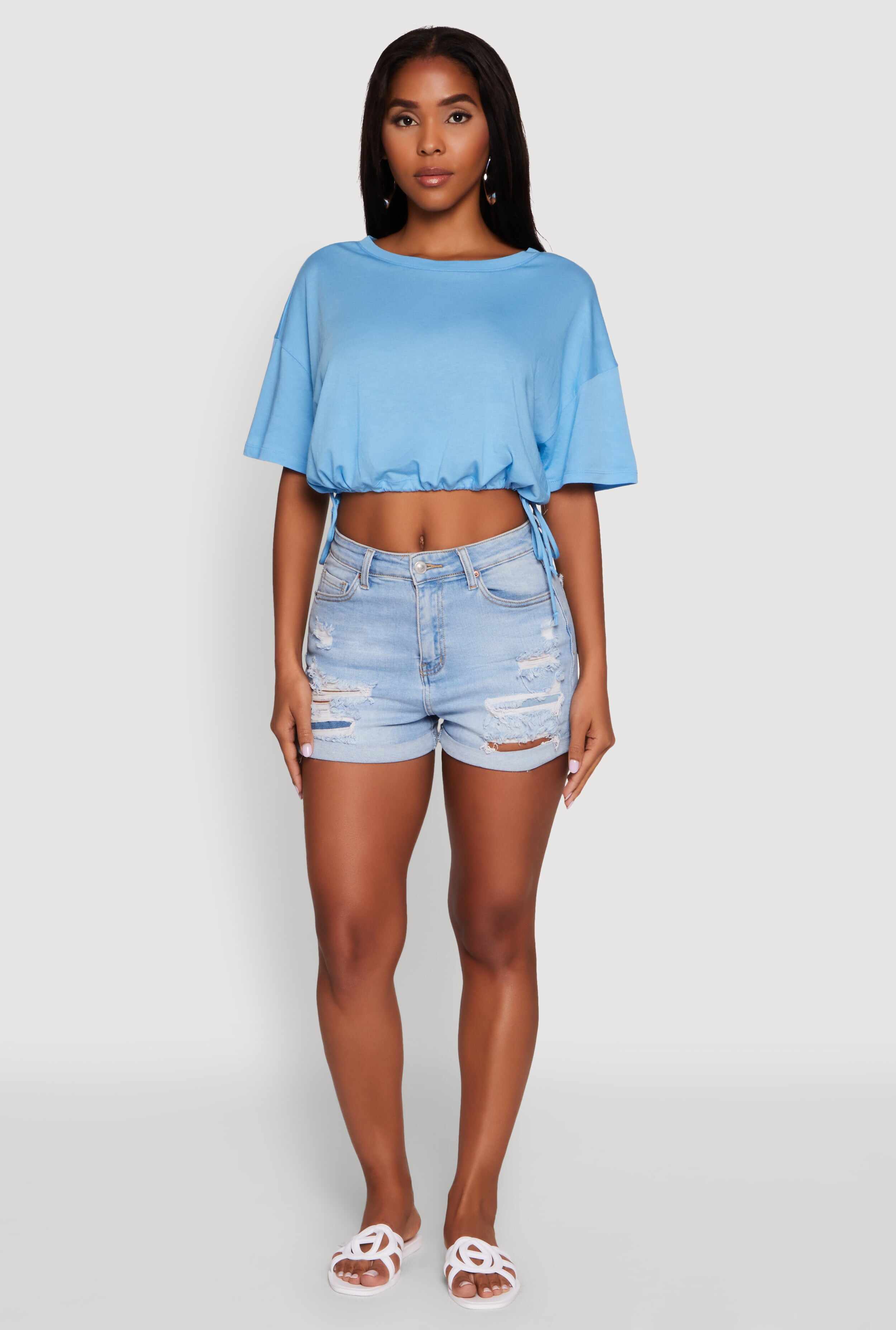 Cropped Drawstring Hem Short Sleeve Crew Neck Top