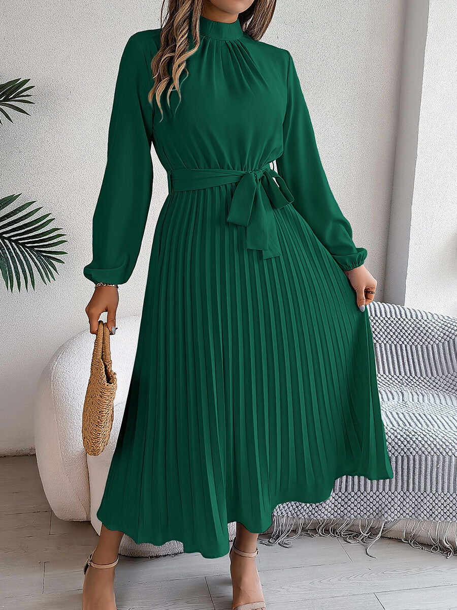 🔥Summer Arrivals🌟Women's Stand-up Collar Long-sleeved Lace Up Pleated Dress
