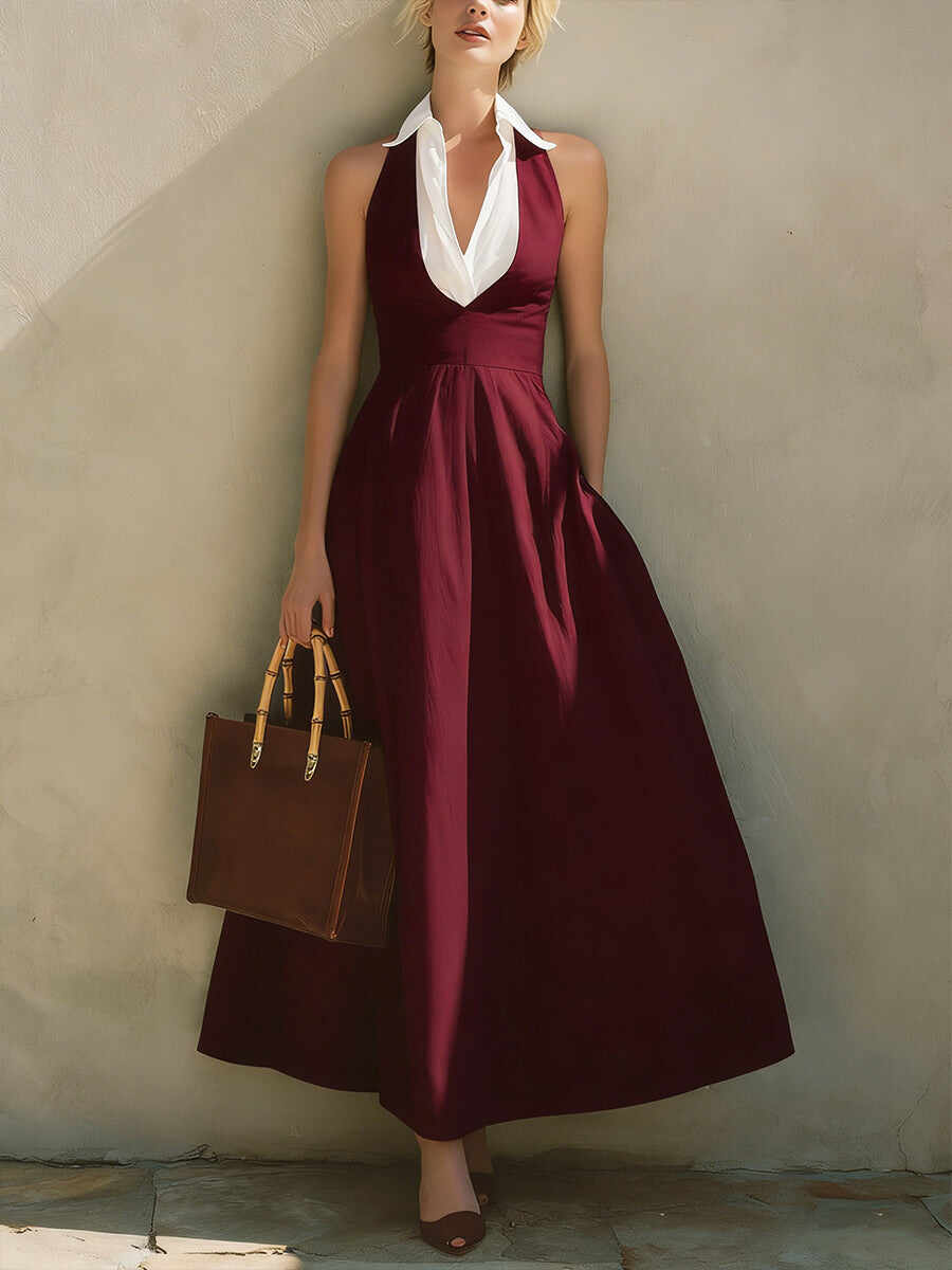 🔥Summer Arrivals🌟Fashionable Patchwork White Collar Sleeveless Cotton Dress