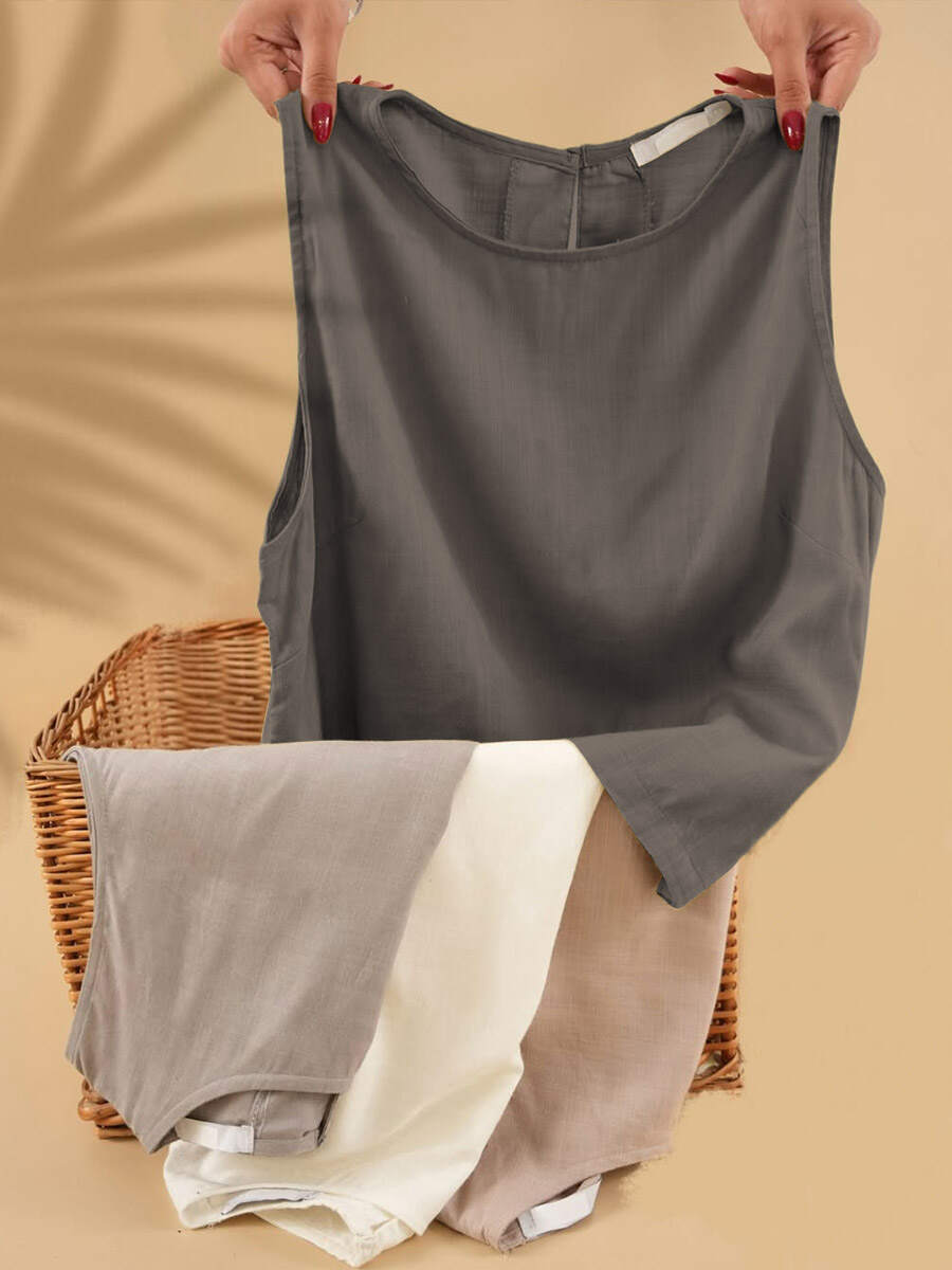 🔥Summer Arrivals🌟Women's Solid Color Round Neck Sleeveless Casual Linen Vest Top