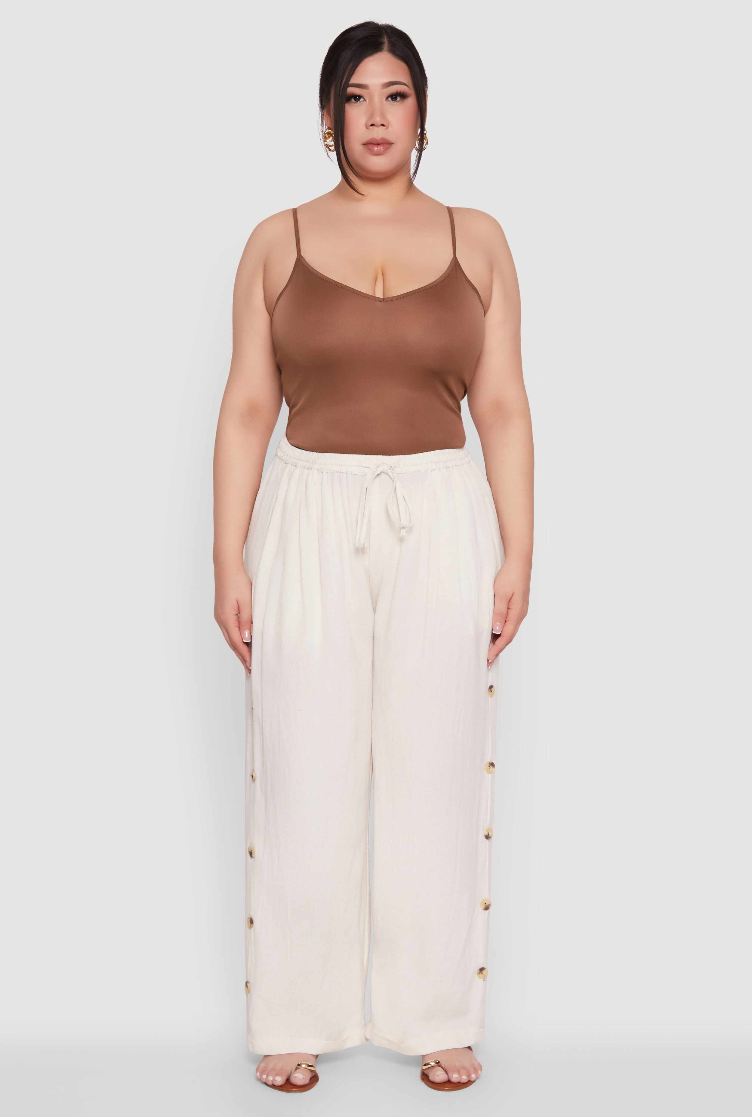 Plus Size Side Button Detail Linen Pants