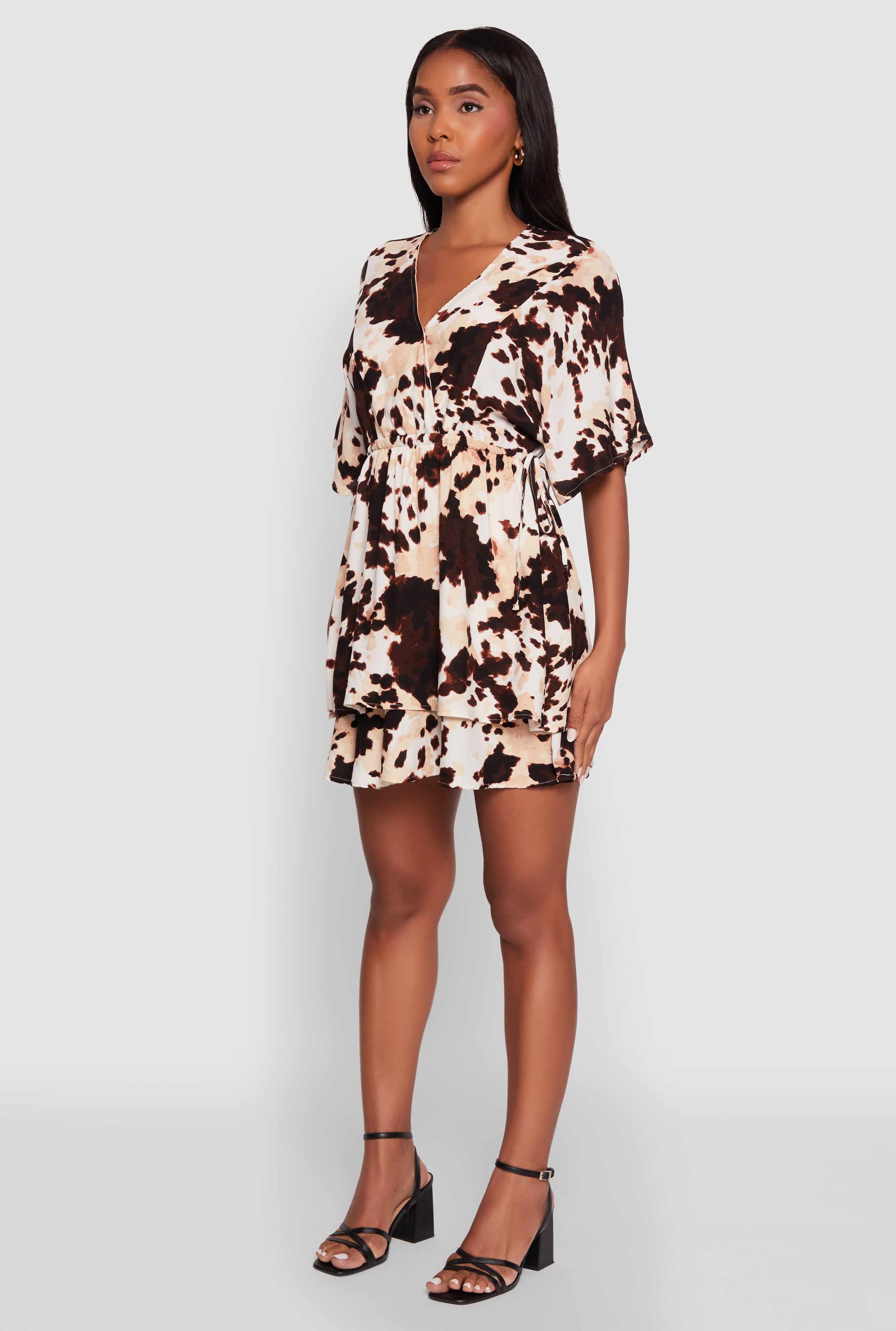 Trendy Printed Tiered Cinched Waist V-Neck Dress