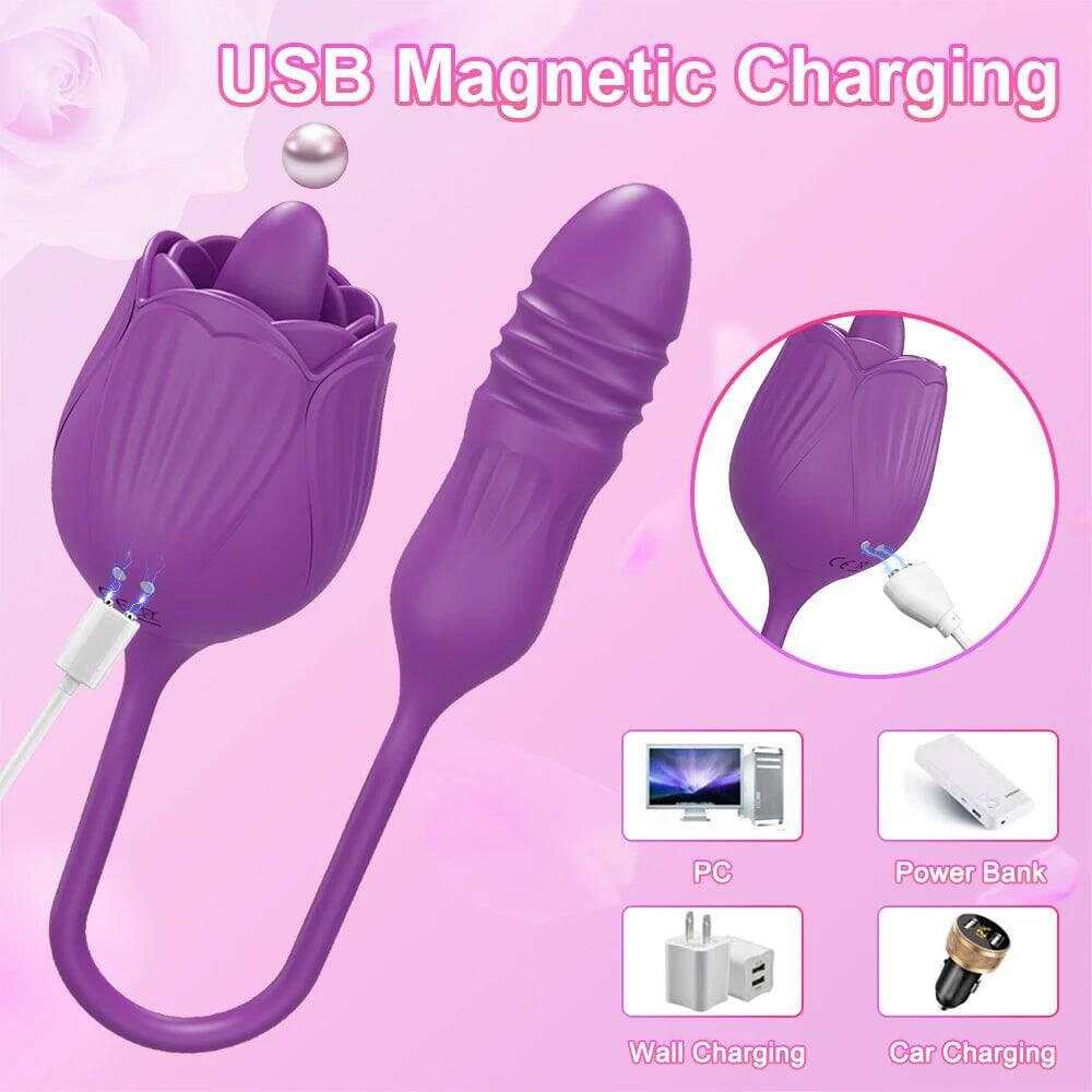 Rose Vibrator with Tongue Licking & Telescopic Dildo