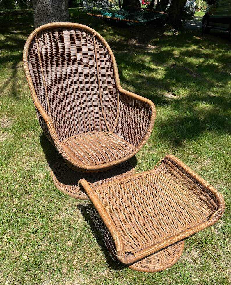 Rattan Egg Chair & Ottoman Swivels Tilts Tufted Cushions Boho Chic Mid Century Modern *Shipping is NOT included. Ask for a quote.*