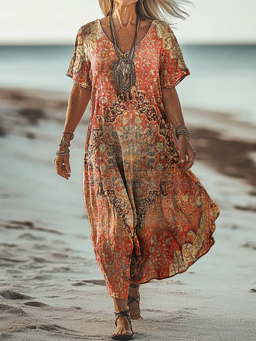 Women's Ethnic Totem Art Patterns Print Short Sleeve Pocket Cotton Linen Dress