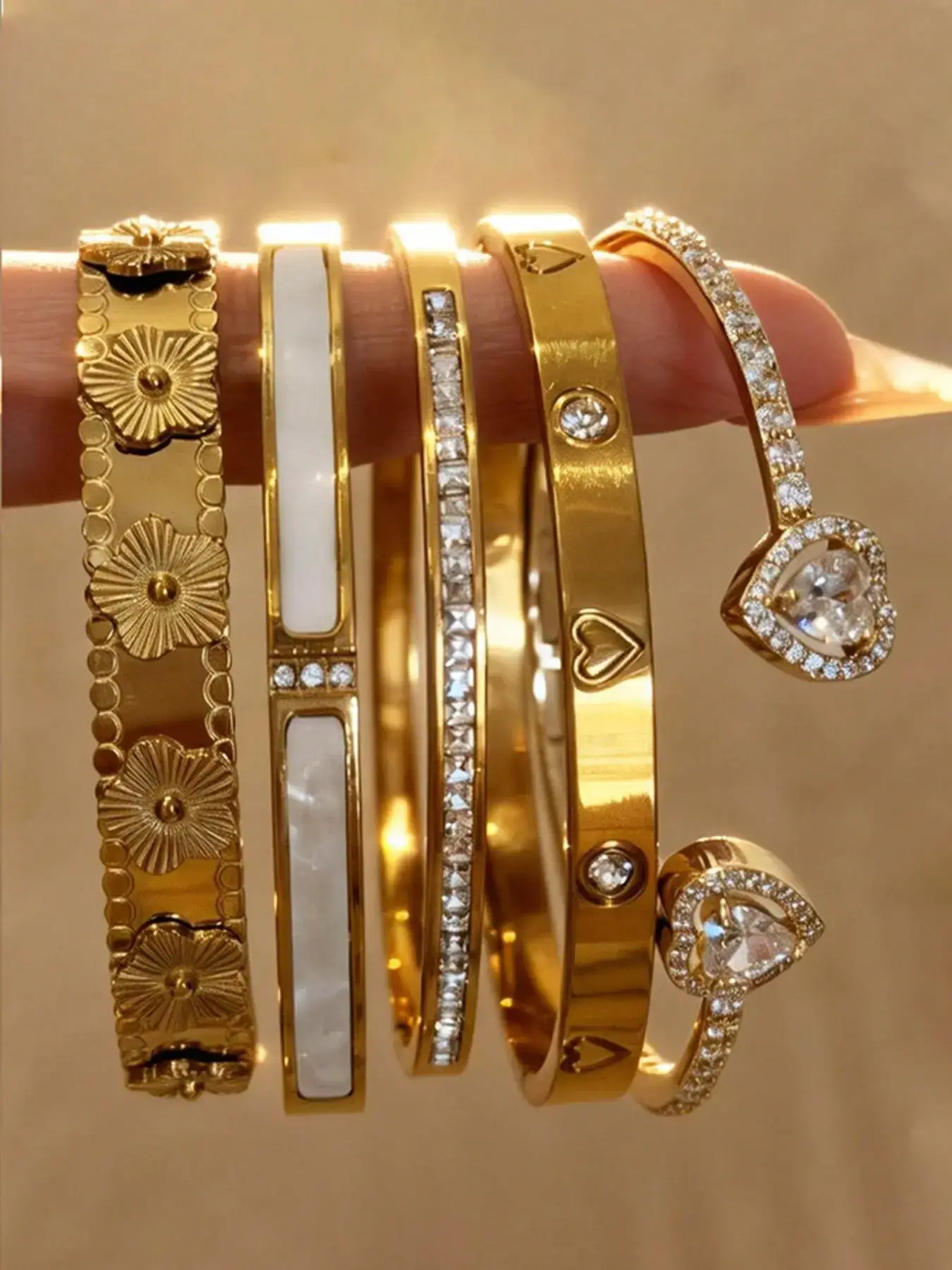 5-Piece Waterproof Titanium Steel Bracelet Set, Rhinestone Design, 18K Gold Plated