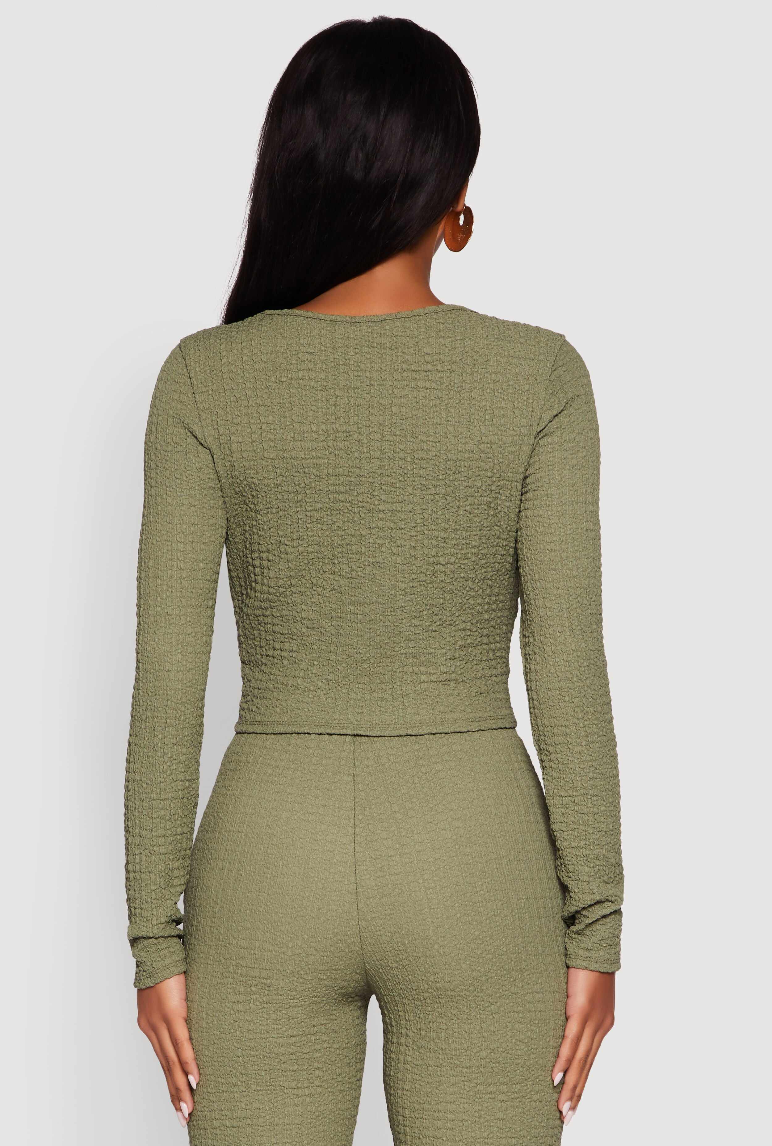 O Ring Cut Out Textured Knit Cropped Blouse