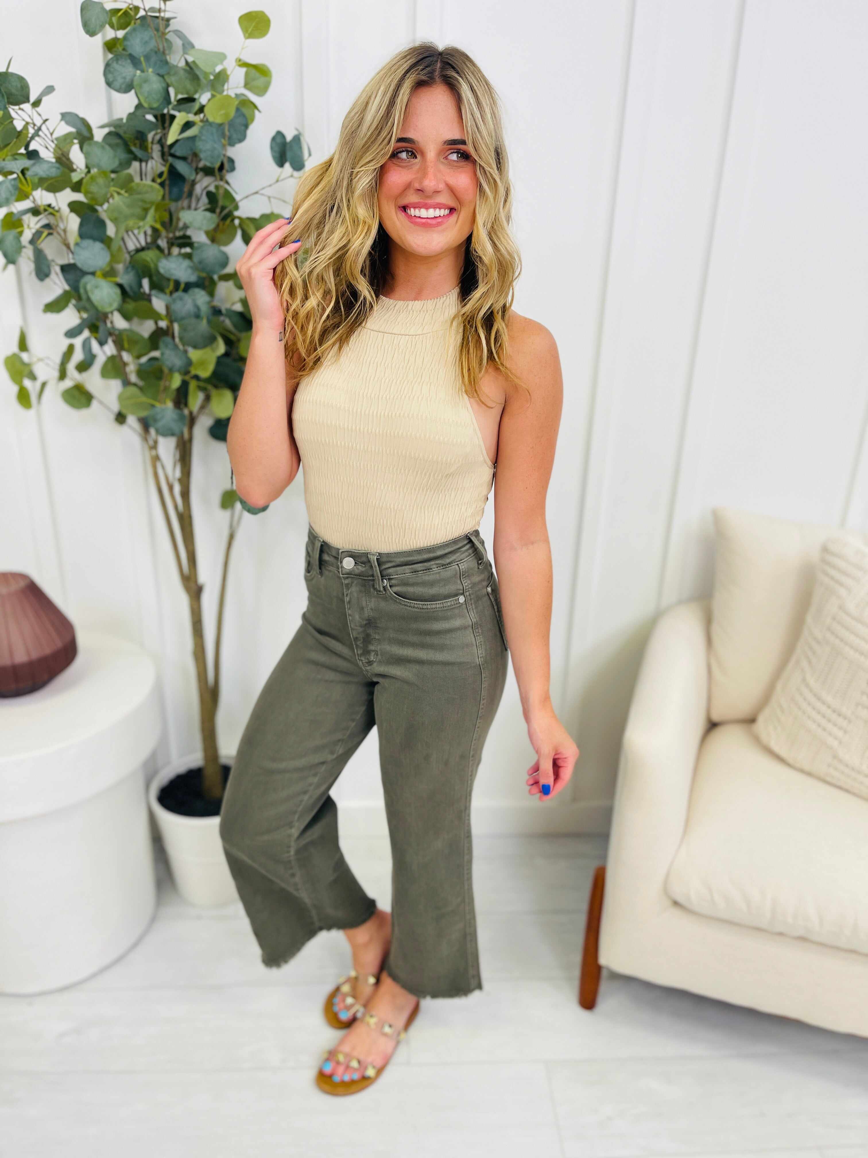 REG/CURVY Olive You Tummy Control Garment Dyed Wide Leg Cropped Jeans