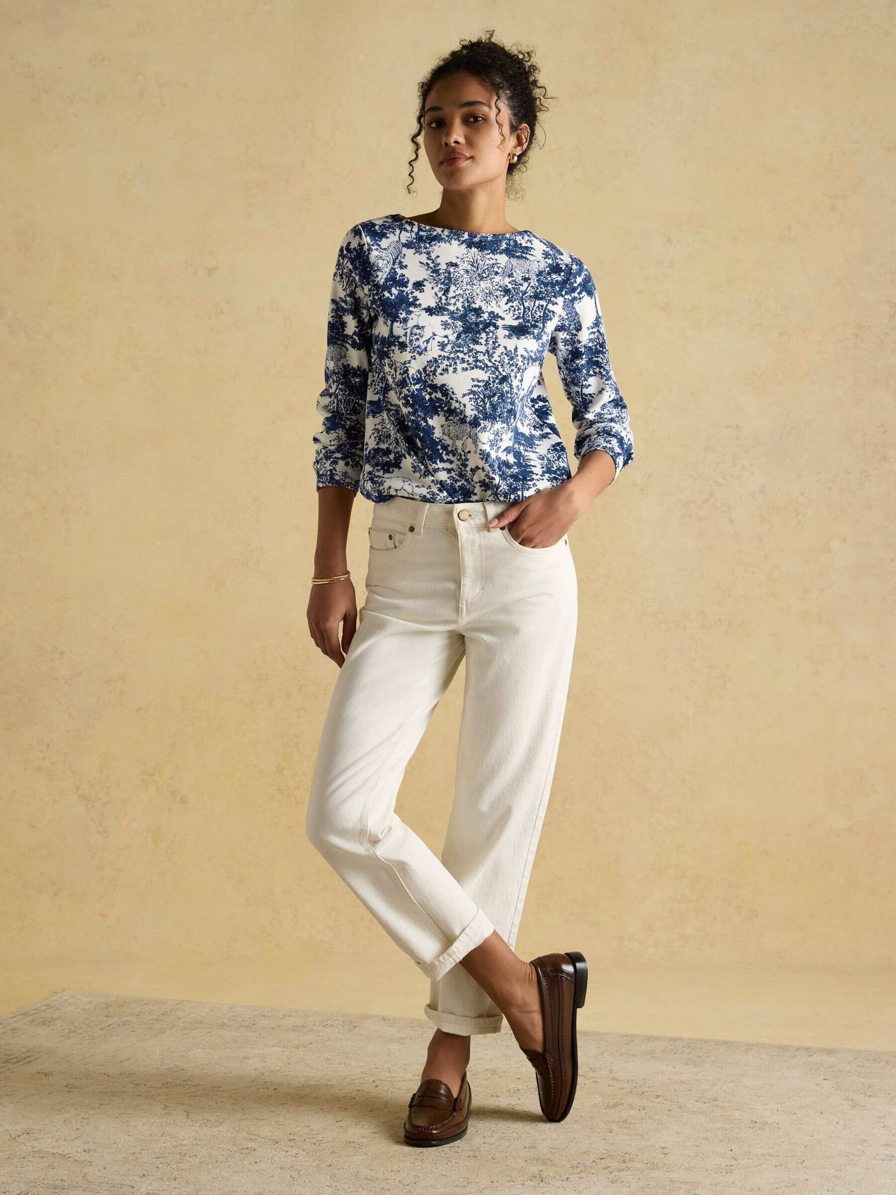 Harbour Navy Toile de Jouy Boat Neck Printed Top