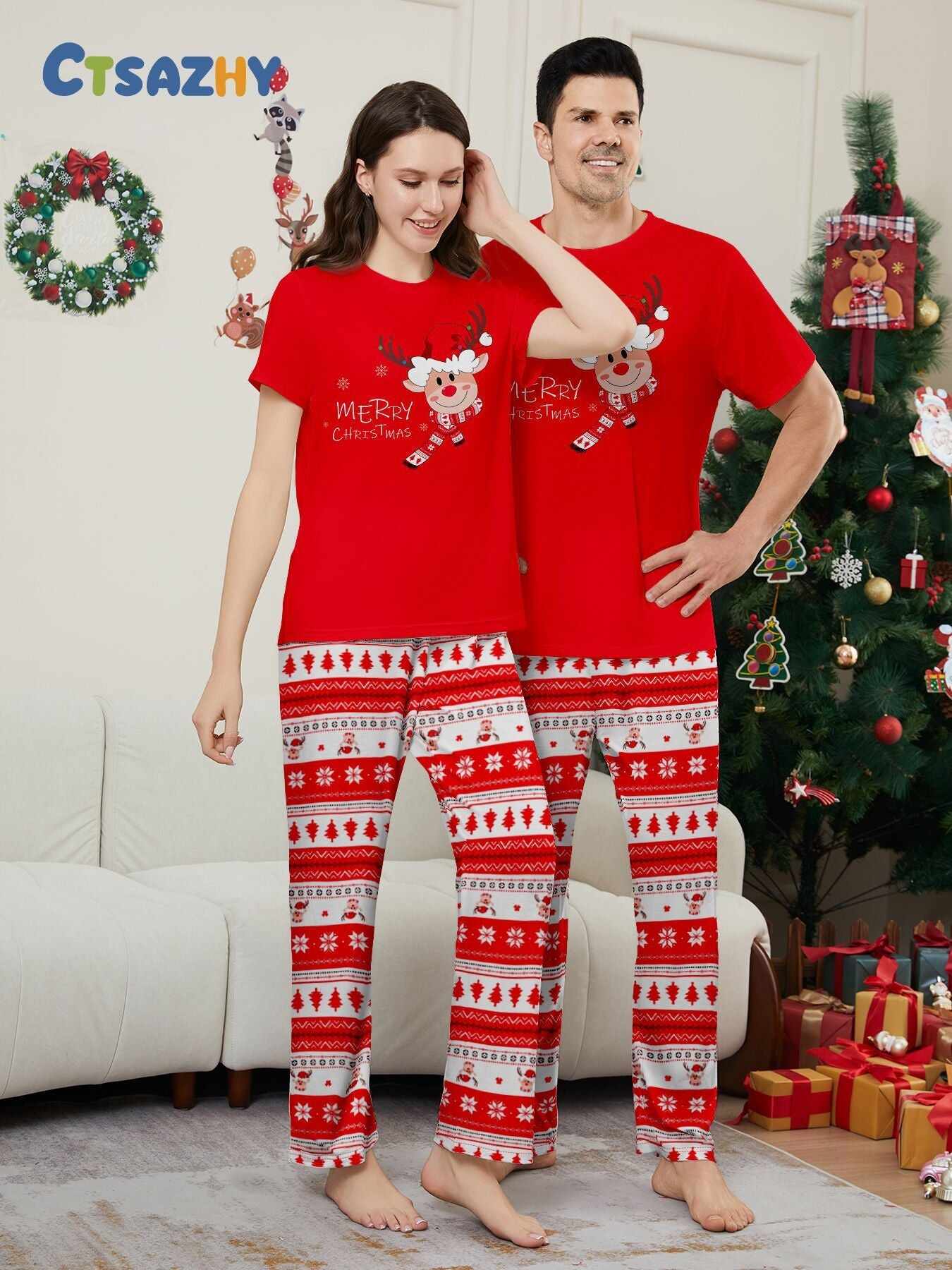 Fawn Printed Short Sleeve Family Matching Christmas Pajamas Sets