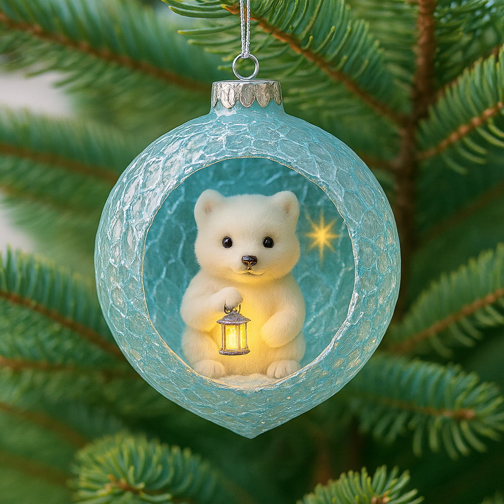 Ice-Cracked Glass Polar Bear Lantern Ornament