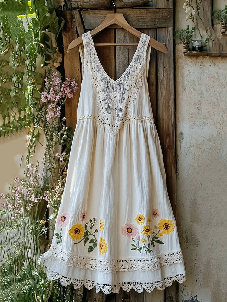 Floral Embroidered Sleeveless Linen Blend Midi Dress