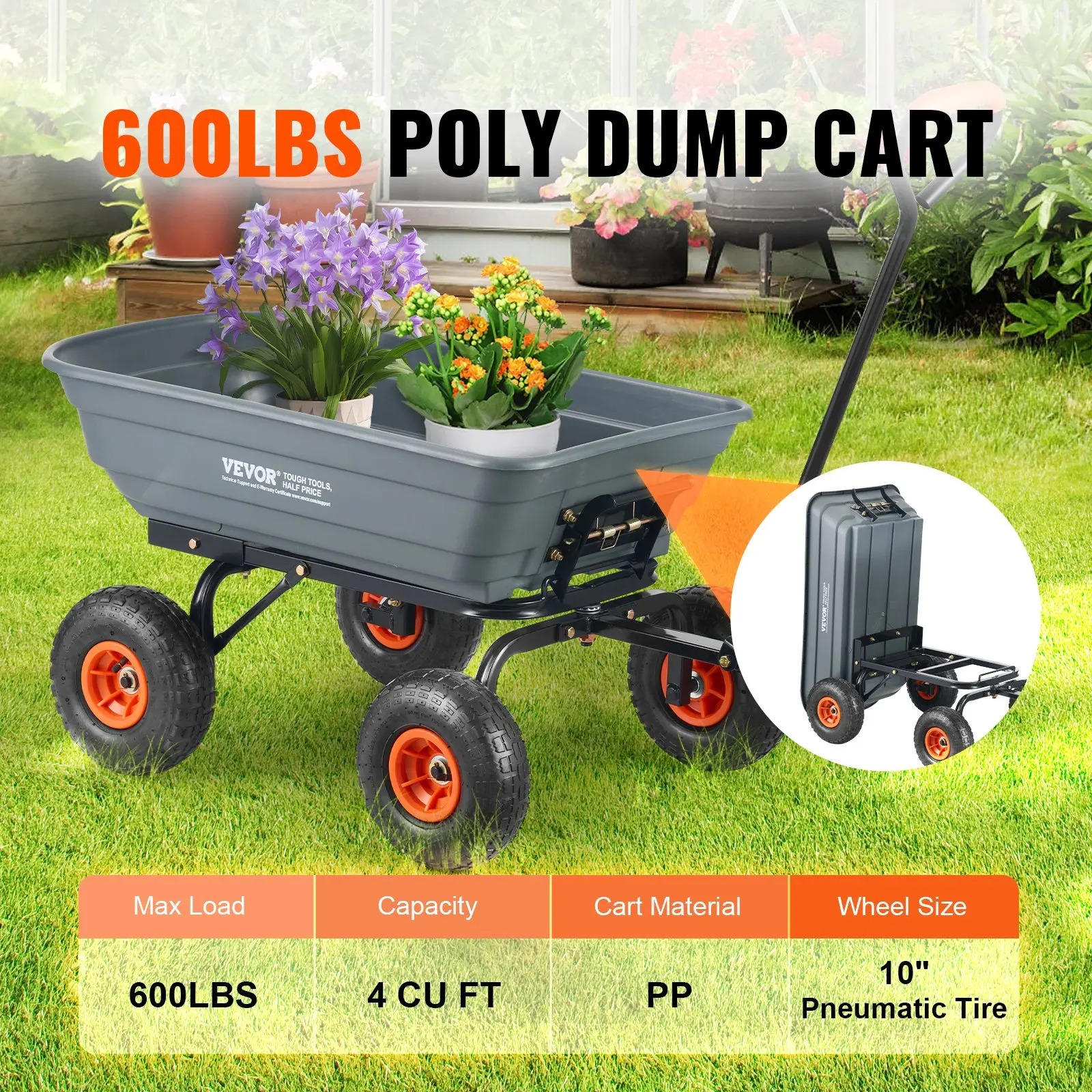 Poly Garden Dump Cart with Easy to Assemble Steel Frame, 2-in-1 Convertible Handle, 13 Inch Tires, Max Capacity 1500 lbs, Utility Wheelbarrow Productivity Yard