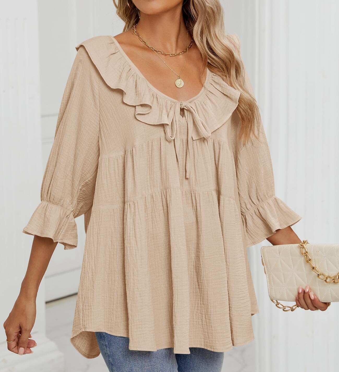 Women’s Scoop Neck 3/4 Length Sleeve Tie Front Ruffle Tiered Tunic Shirts