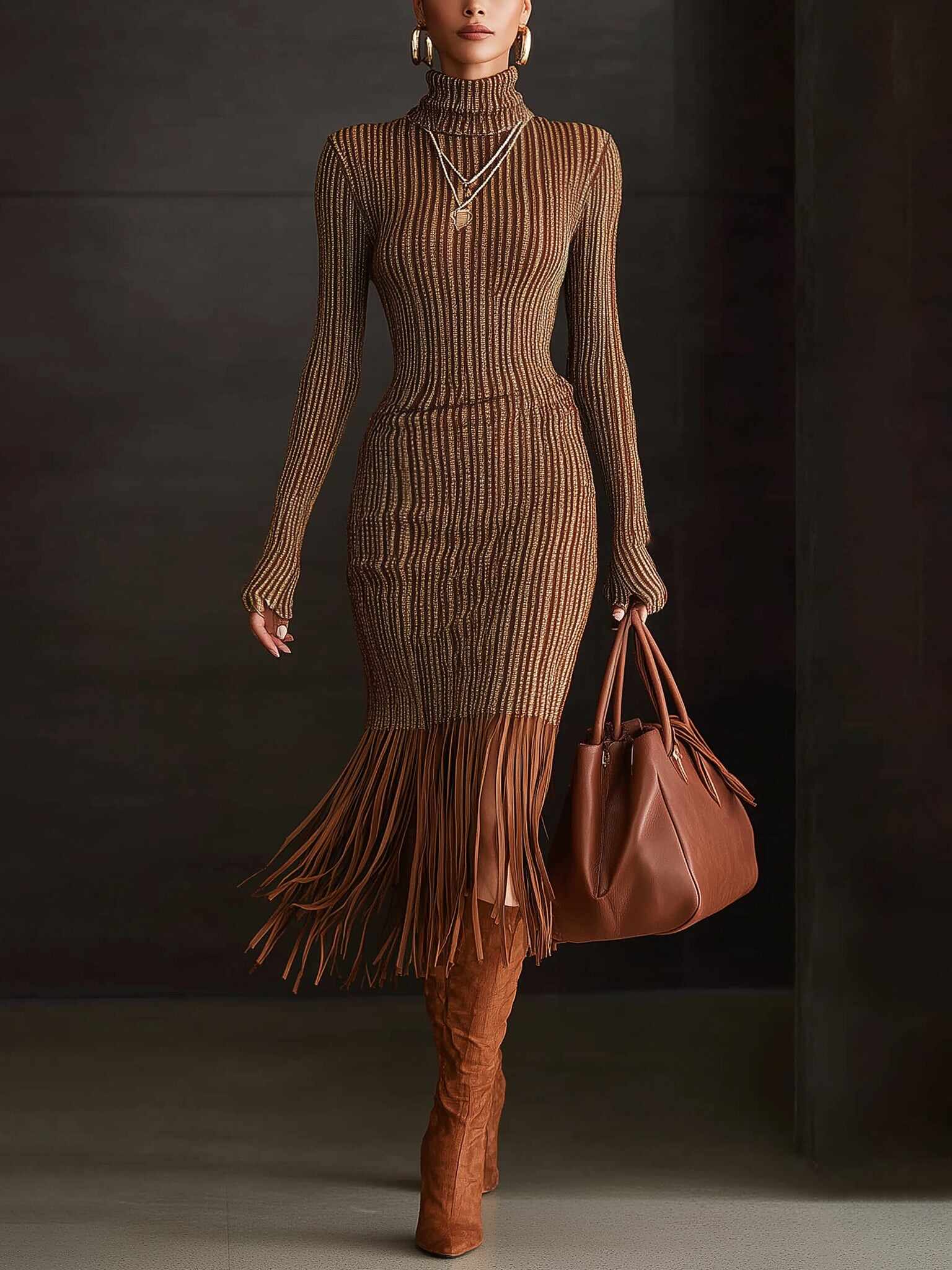 Brown Ribbed Knit Turtleneck Fringed Long Sleeve Bodycon Dress