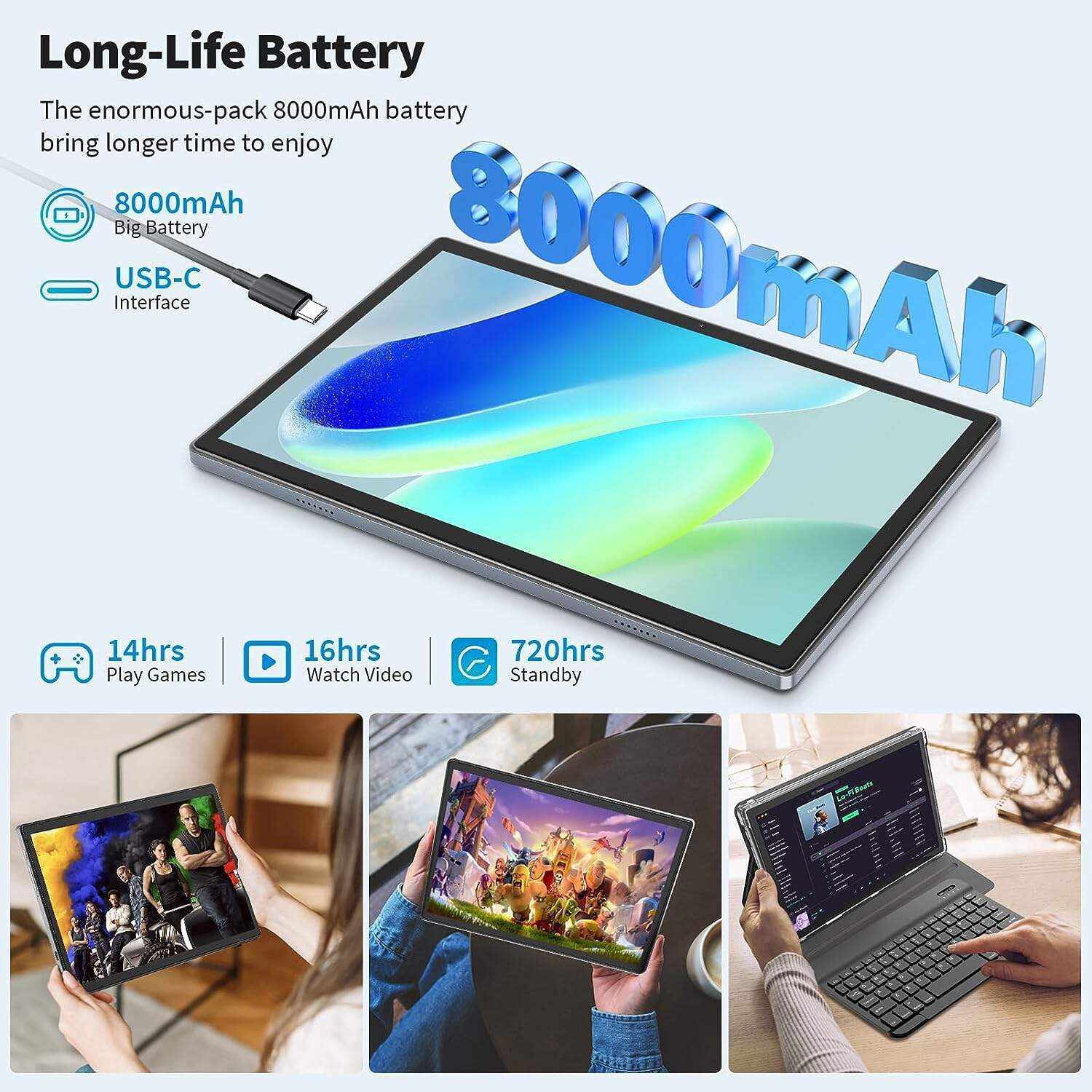 Android Tablet 10 inch, Android 12 Tablet, 8GB RAM 128GB ROM,1TB Expand, 5G WiFi, 4G/LTE, Bluetooth, 8000mAh Battery, Google Certified, 2 in 1 Tablet with Keyboard, Mouse, Case, Stylus(Silver)