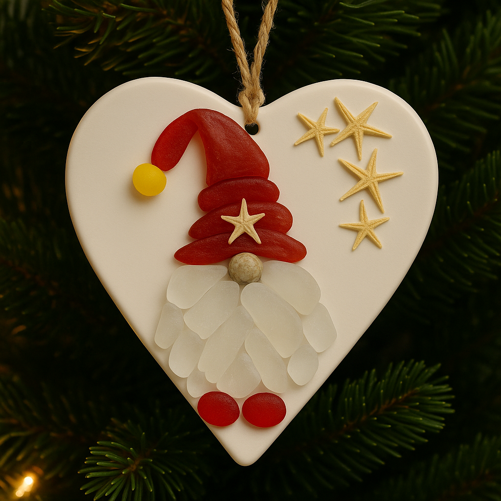 Handcrafted Sea Glass Gnome Heart Ornament