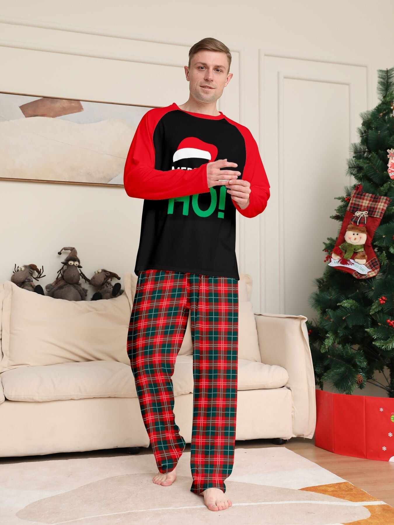 Santa Hat Monogrammed Family Holiday Plaid Pajama Set