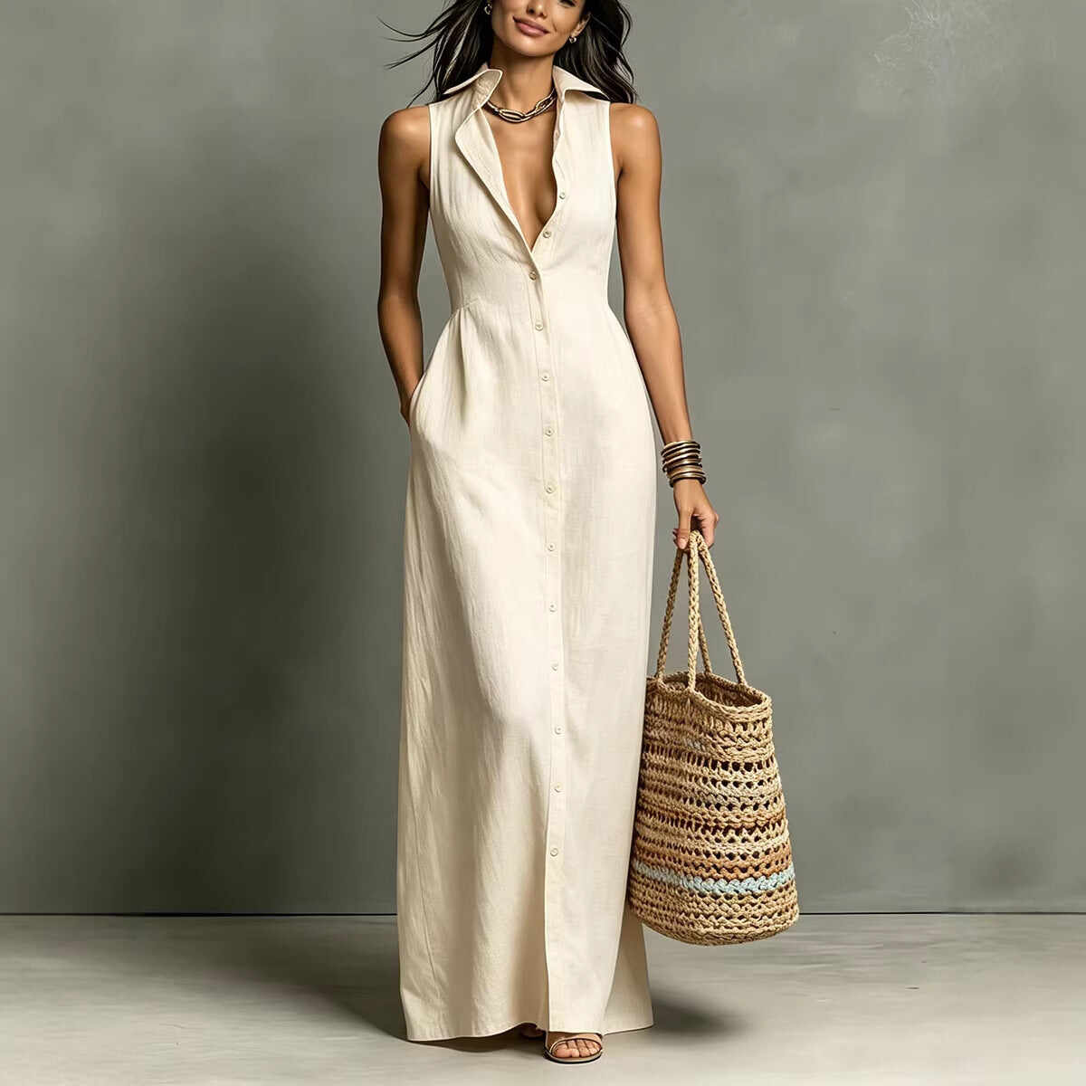 Women's Minimalist Linen-Blend Collared Single-Breasted Sleeveless Maxi Shirt Dress