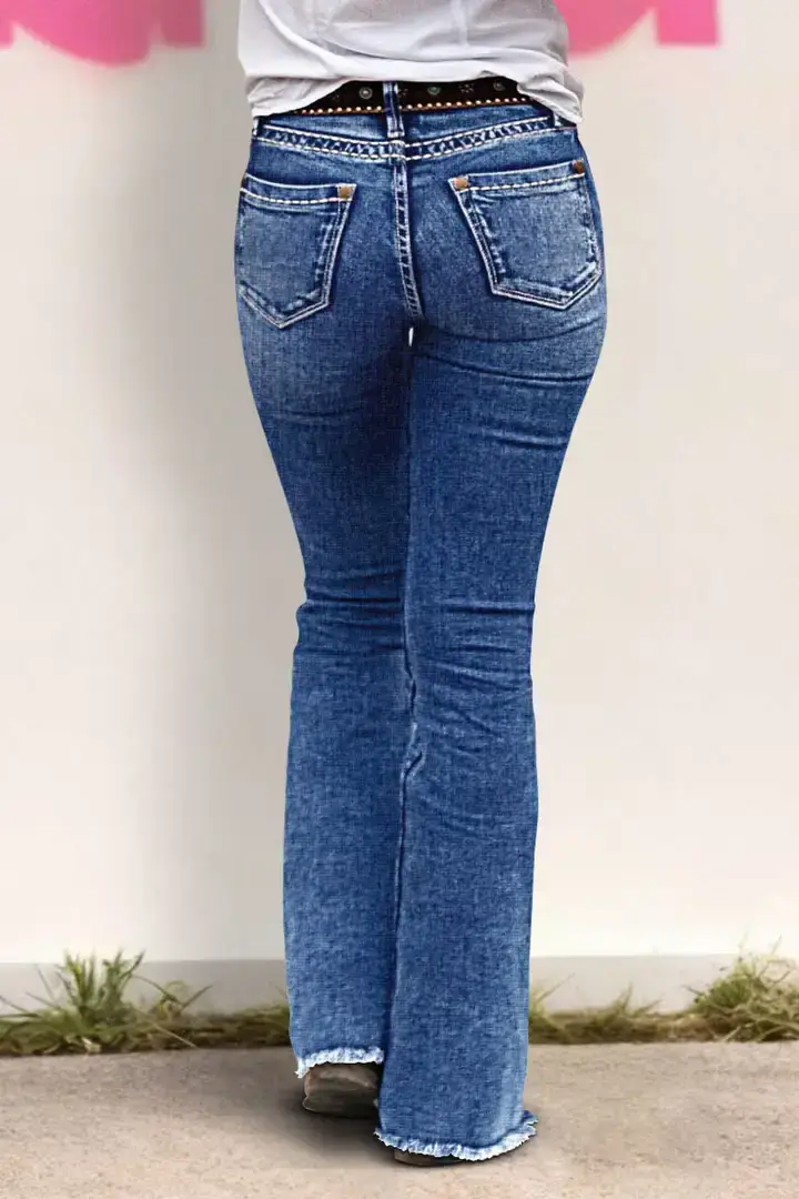 🔥Summer Arrivals🌟Raw Hem Button Side Mid Waist Bootcut Jeans Without Belt