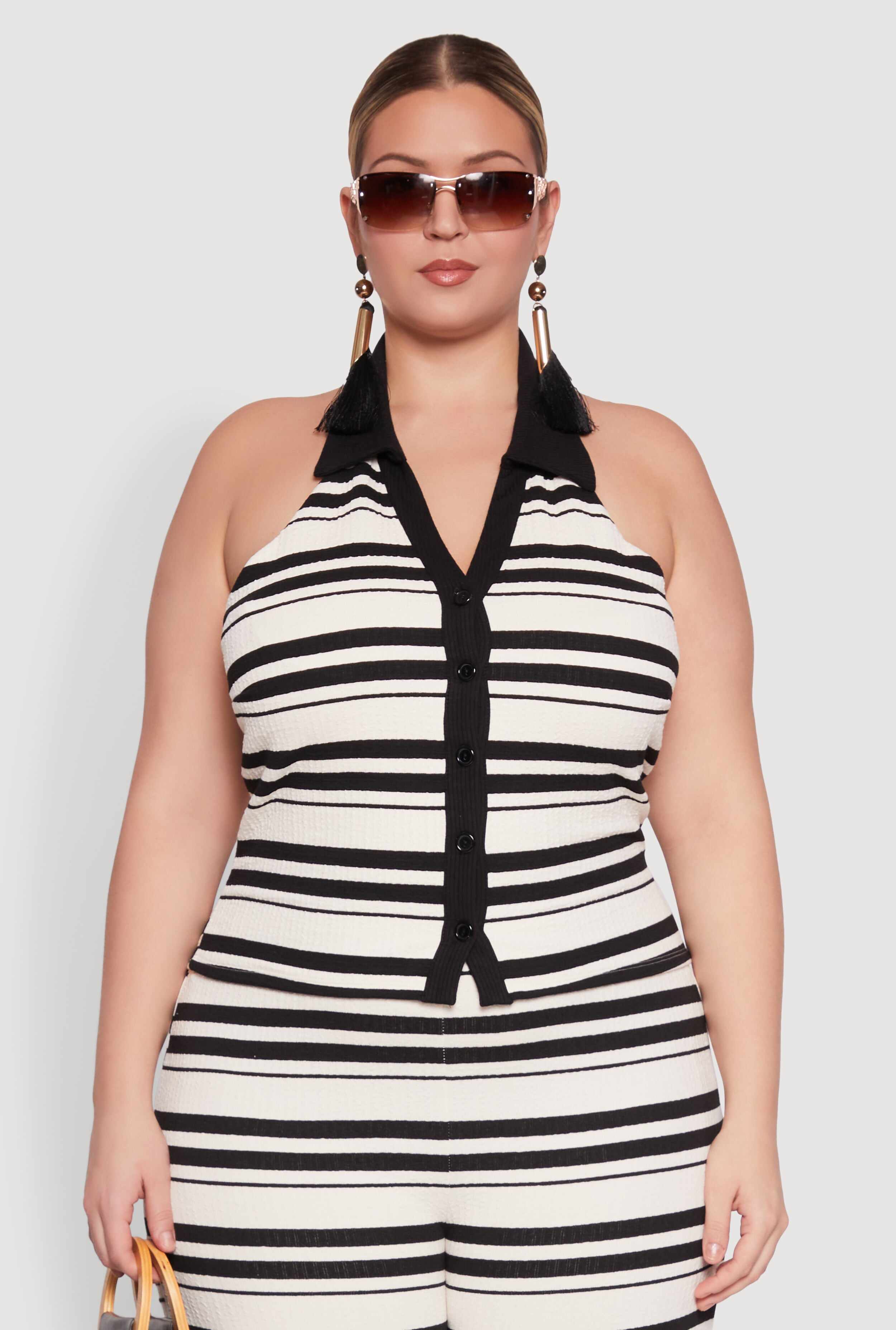 Plus Size Striped Sleeveless Blouse with Halter Neck and Contrast Trim