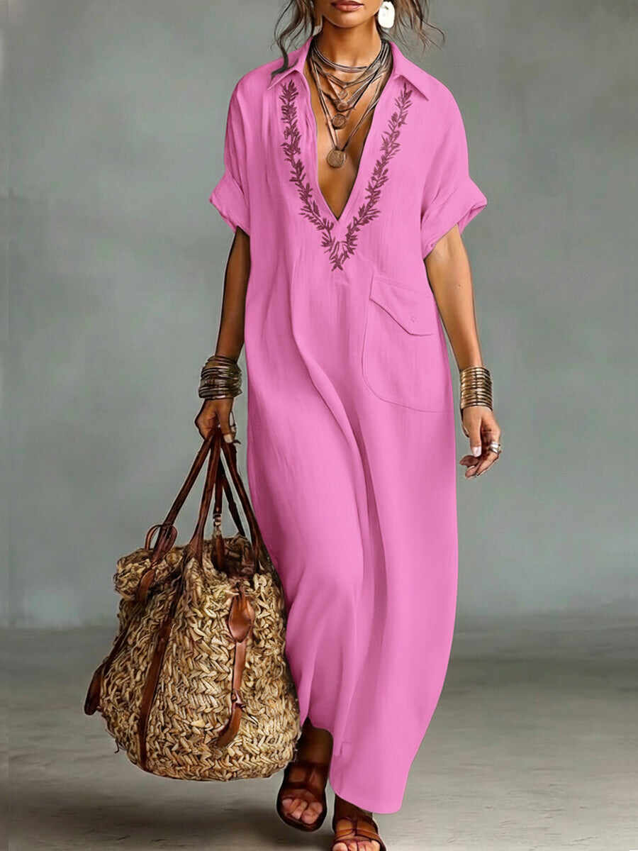 🔥Summer Arrivals🌟Loose-fitting V-neck Linen And Cotton Dress