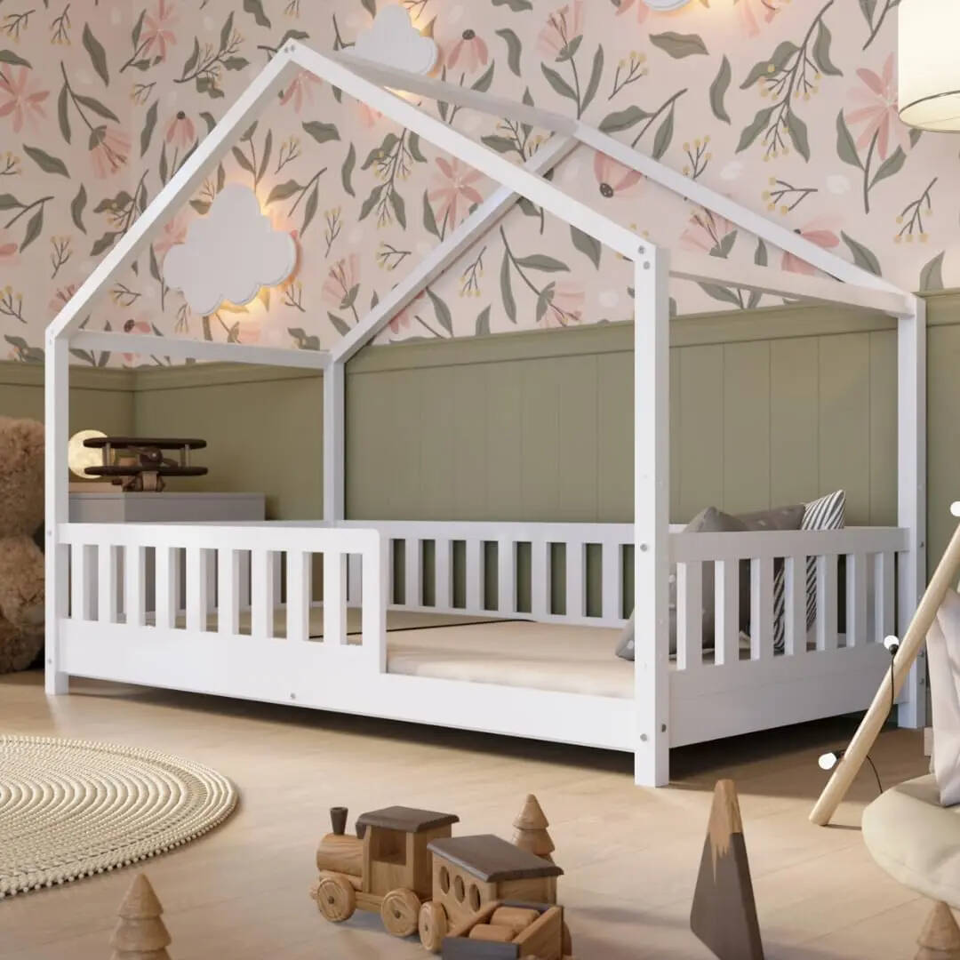 Clearance Sale Crazy Pine Cabin Bed 160x80 cm – Natural Wood Children's Bed with Barrier – Montessori Floor Bed with Height-Adjustable Legs and Removable Barrier - Crazy House
