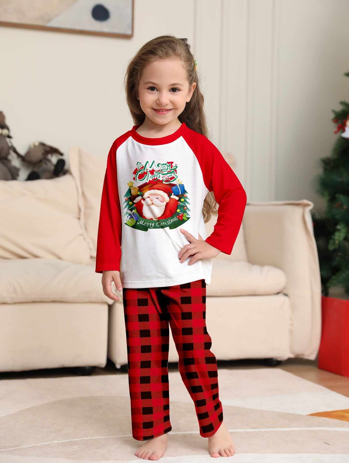 Santa Red Plaid Print Family Holiday Pajama Set