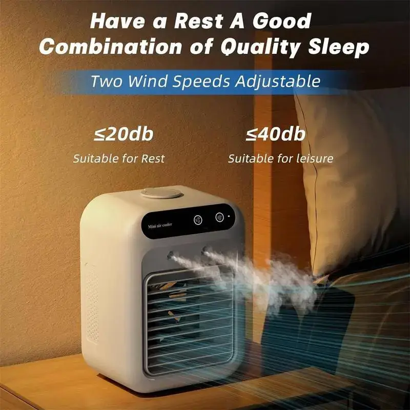 Portable Air Cooler Fan 3 in 1 Rechargeable Fan with 2 Mist Speeds and Powerful Wind, Mini Multifunctional Cooling Fan for Bedroom, Office, Camping