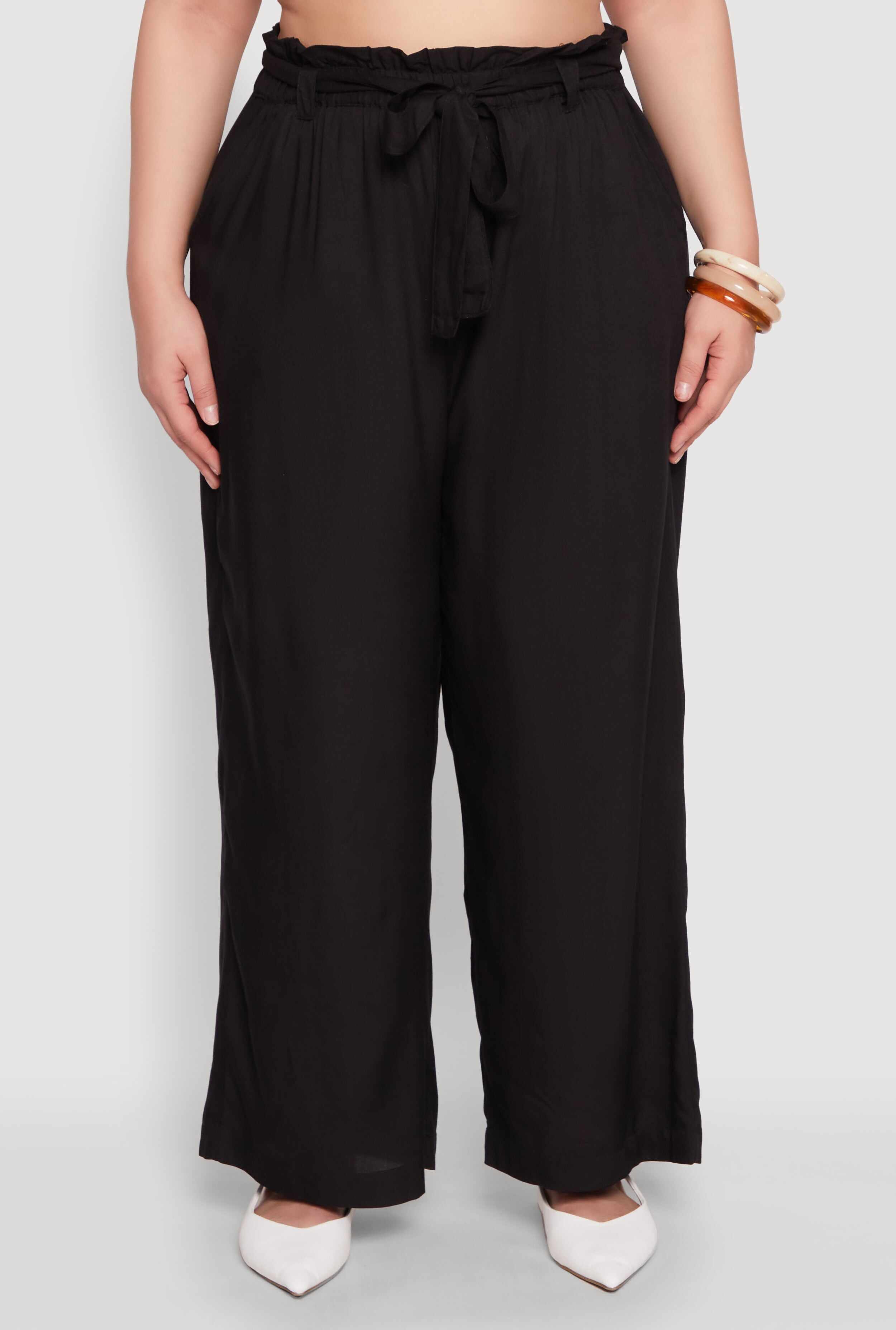 Plus Size Paper Bag Waist Belted Pants
