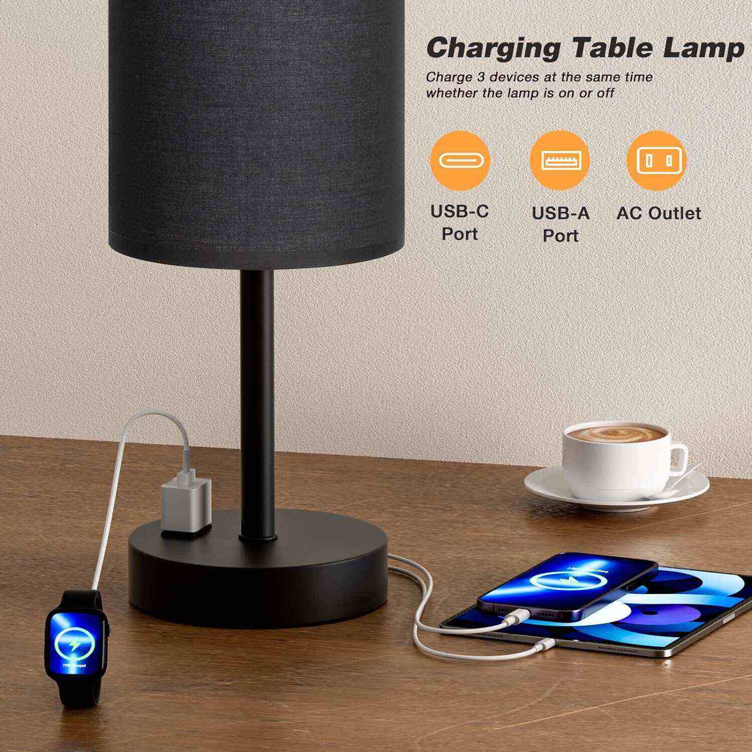 Bedside Table Lamp for Bedroom - 3 Way Dimmable Touch Lamp USB C Charging Ports and AC Outlet, Small Lamp Wood Base Round Flaxen Fabric Shade for Living Room, Desk, LED Bulb Included