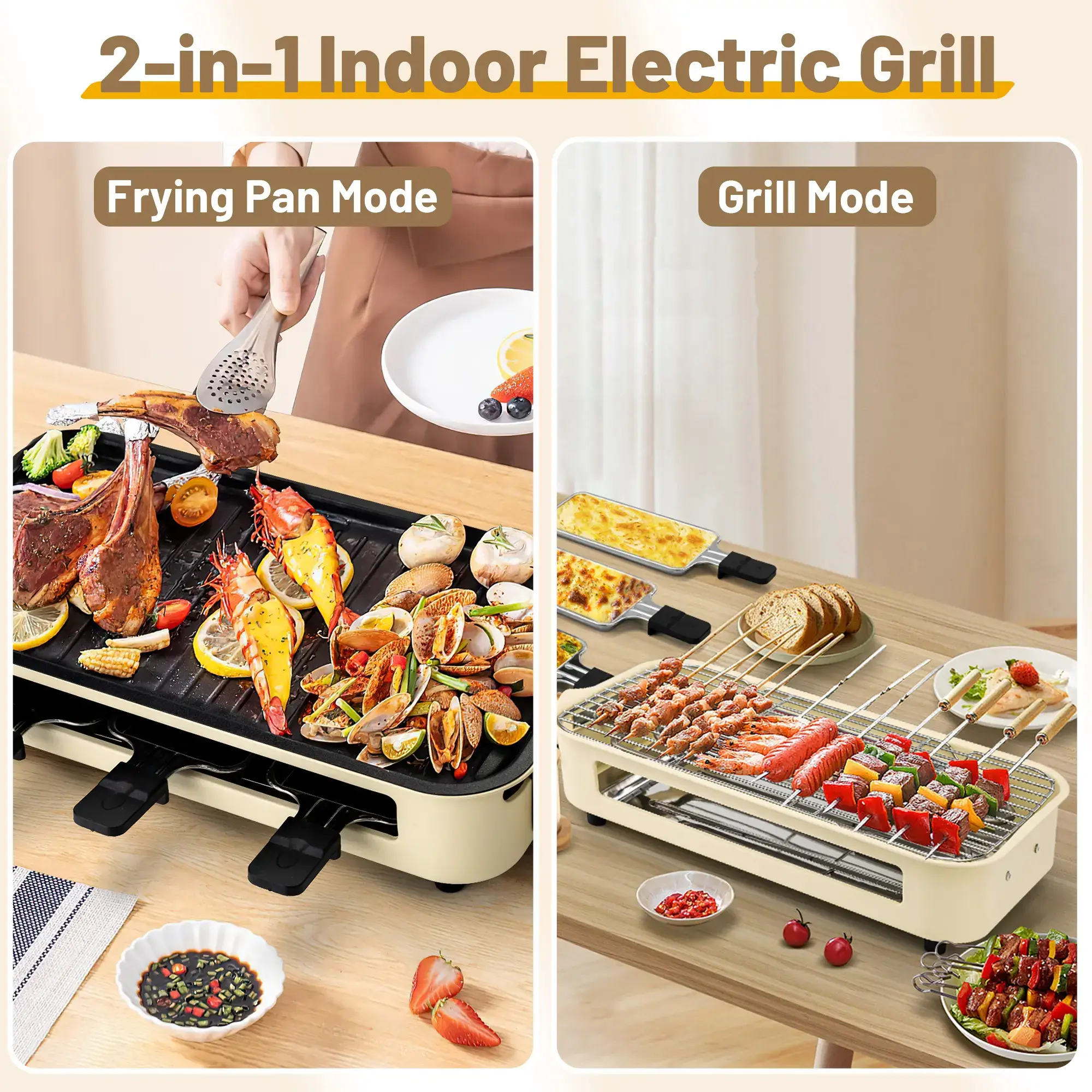 Pukomc Electric Indoor Grill,2 in 1 Indoor Grills for Kitchen with Grill Net & Non-Stick Cooking Removable Plate