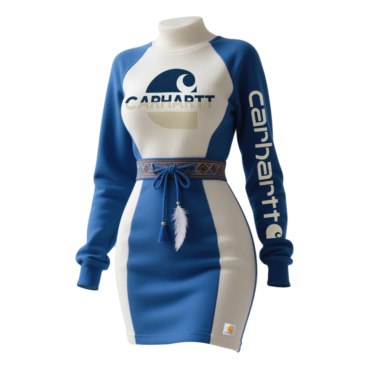 High-Neck Colorblock Dress with Embroidered Logo and Feather Tassel Detail
