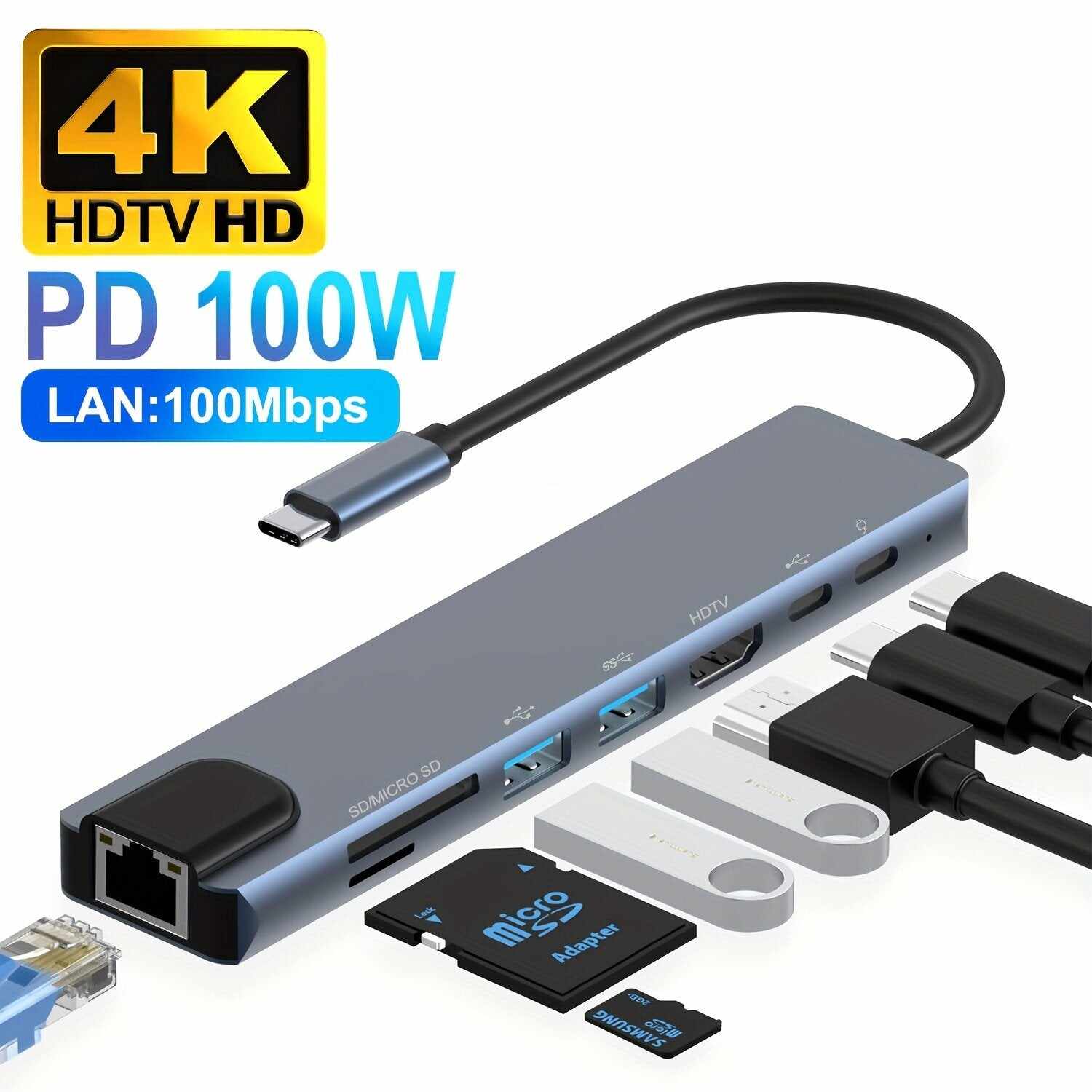 8 In 1 USB C HUB, USB C Adapter With 4K HDTV, 100W PD, USB C Port, USB 3.0,USB 2.0,RJ45 Ethernet, SD/TF Card Reader, Docking Station Compatible For MacBook Pro/Air USB C Laptops And Other Type C Devices
