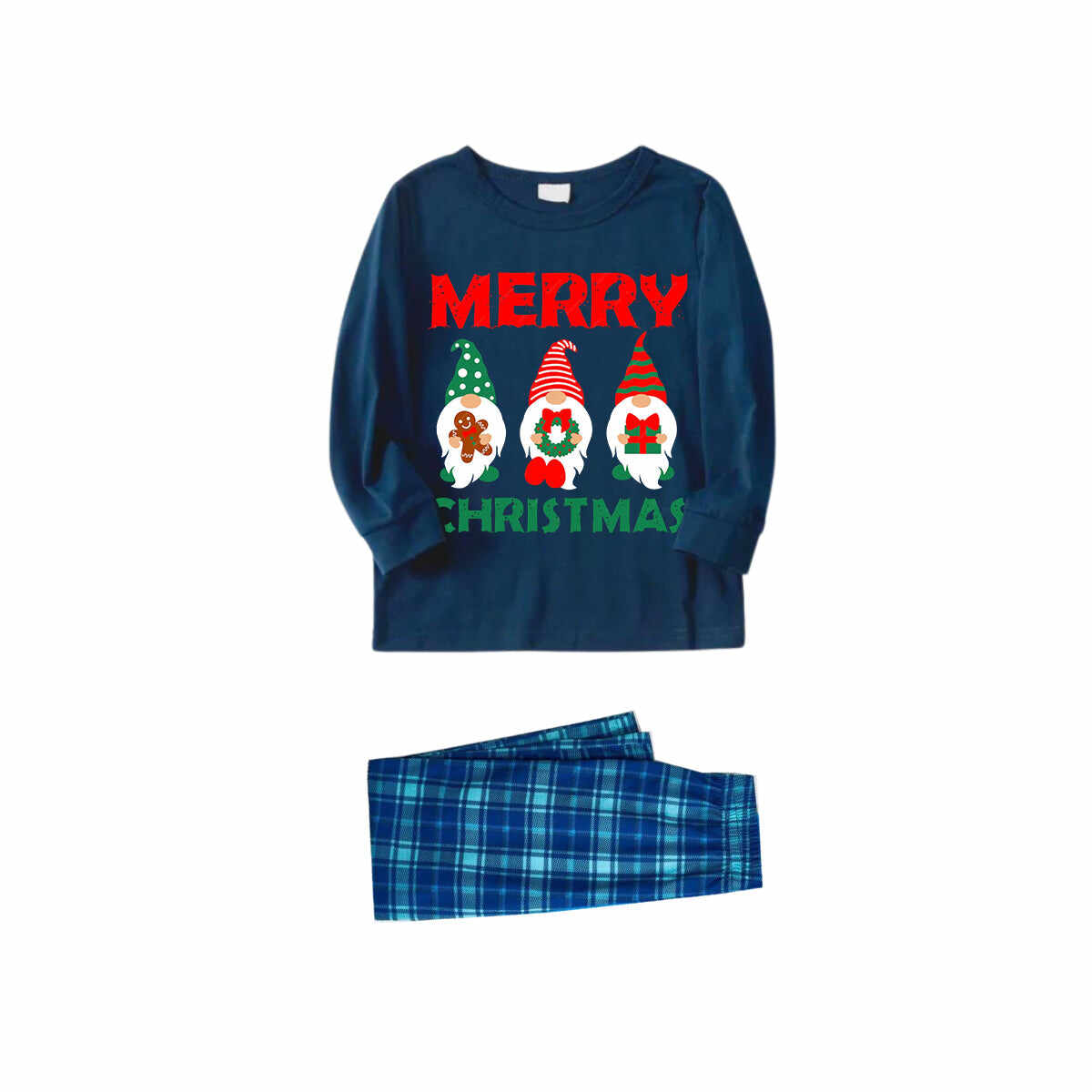 Christmas Elf Pattern Blue Long Sleeve Top With Blue Plaid Family Matching Pajamas