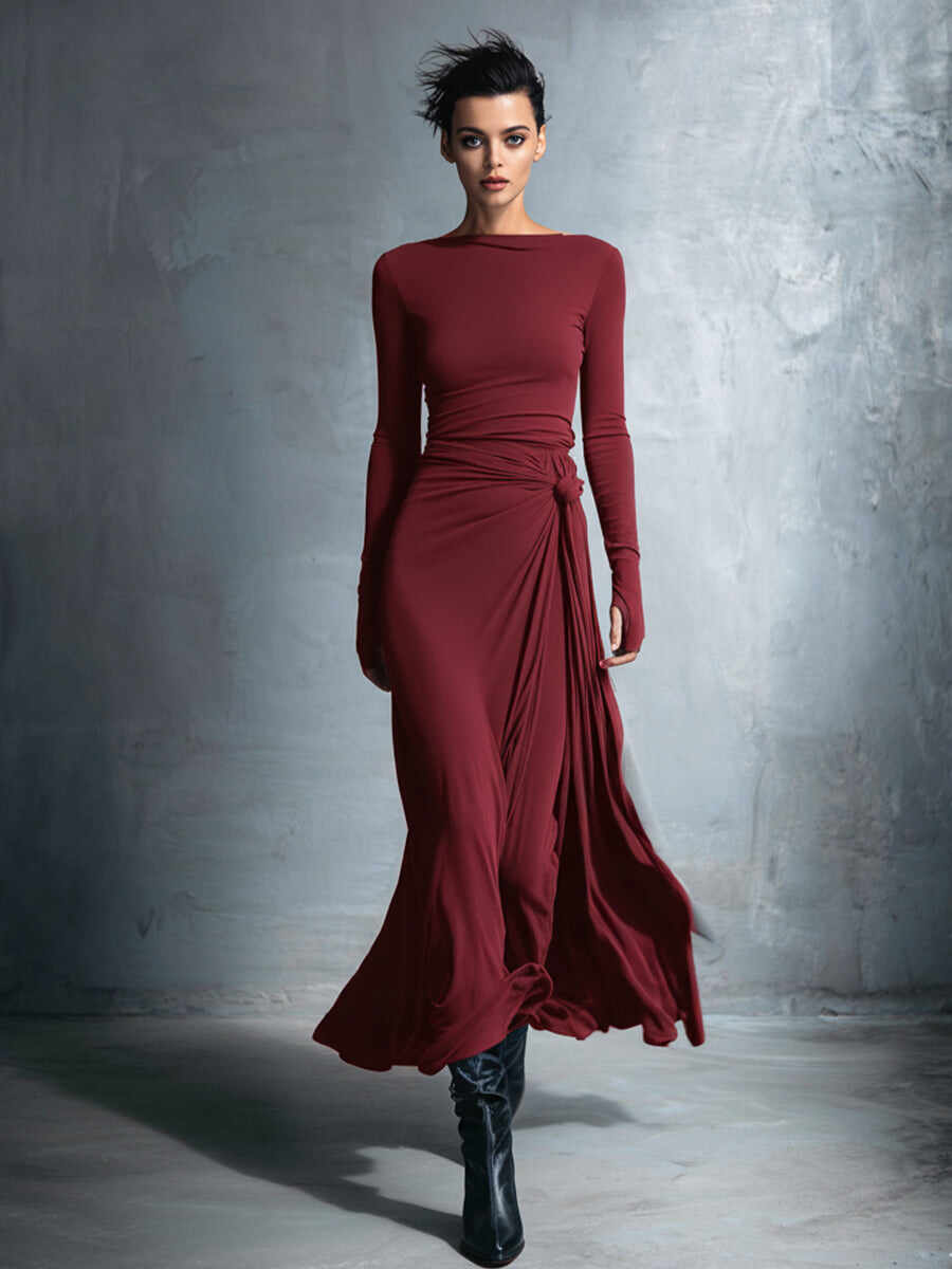Women's Gray Exquisite Stretch Polyester-Cotton Blend Wrap Dress - Knotted Maxi Dress