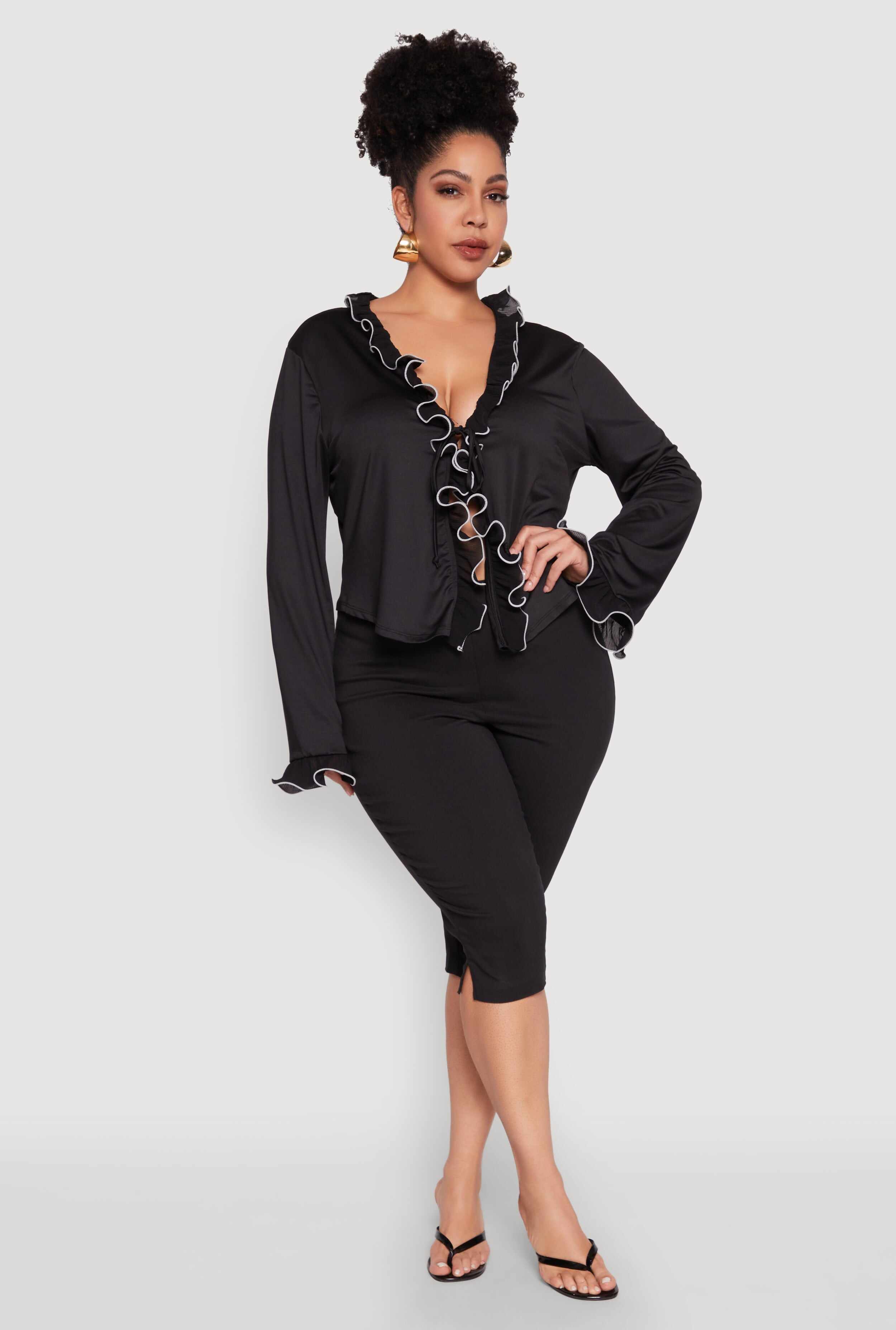 Plus Size Ruffle Trim Tie Front Blouse