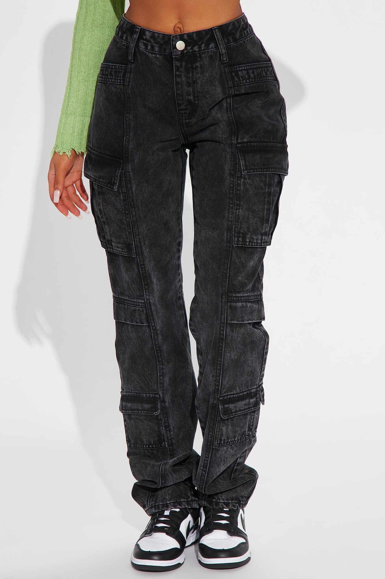 Make A Night Of It Mid Rise Cargo Straight Leg Jeans - Black Wash