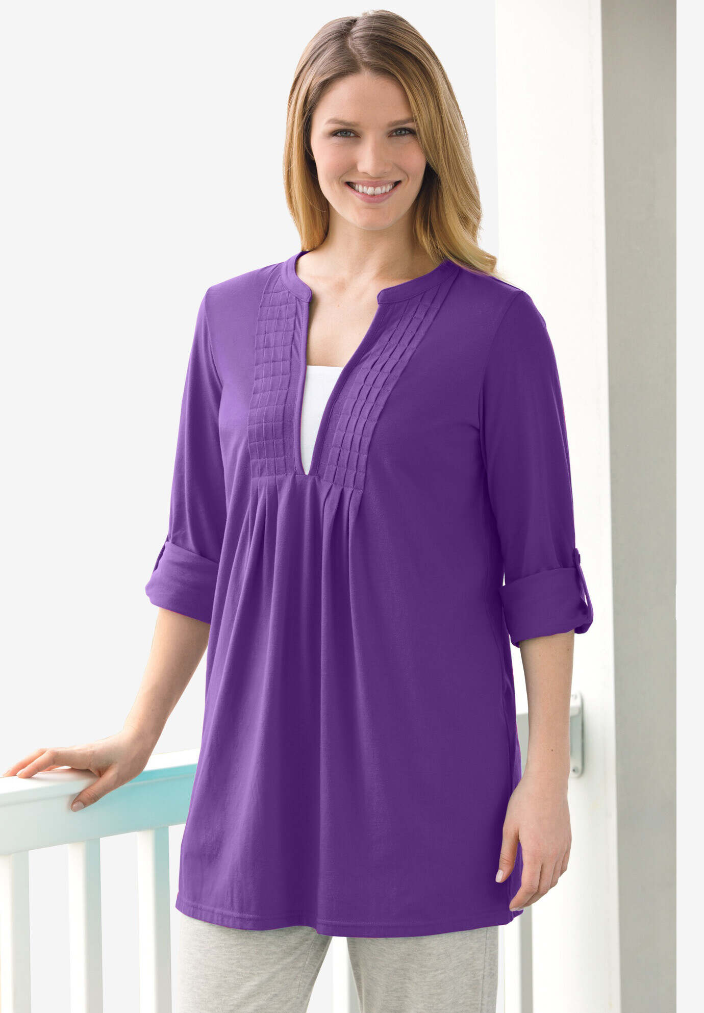7-Day Box-Stitched Split Neck Tunic