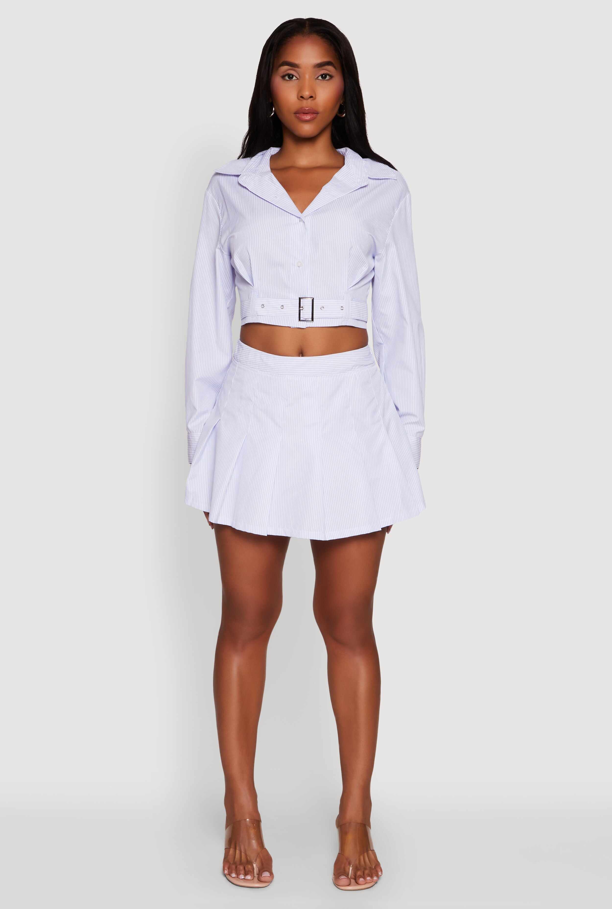 Striped Cropped Button Front Shirt with Belt