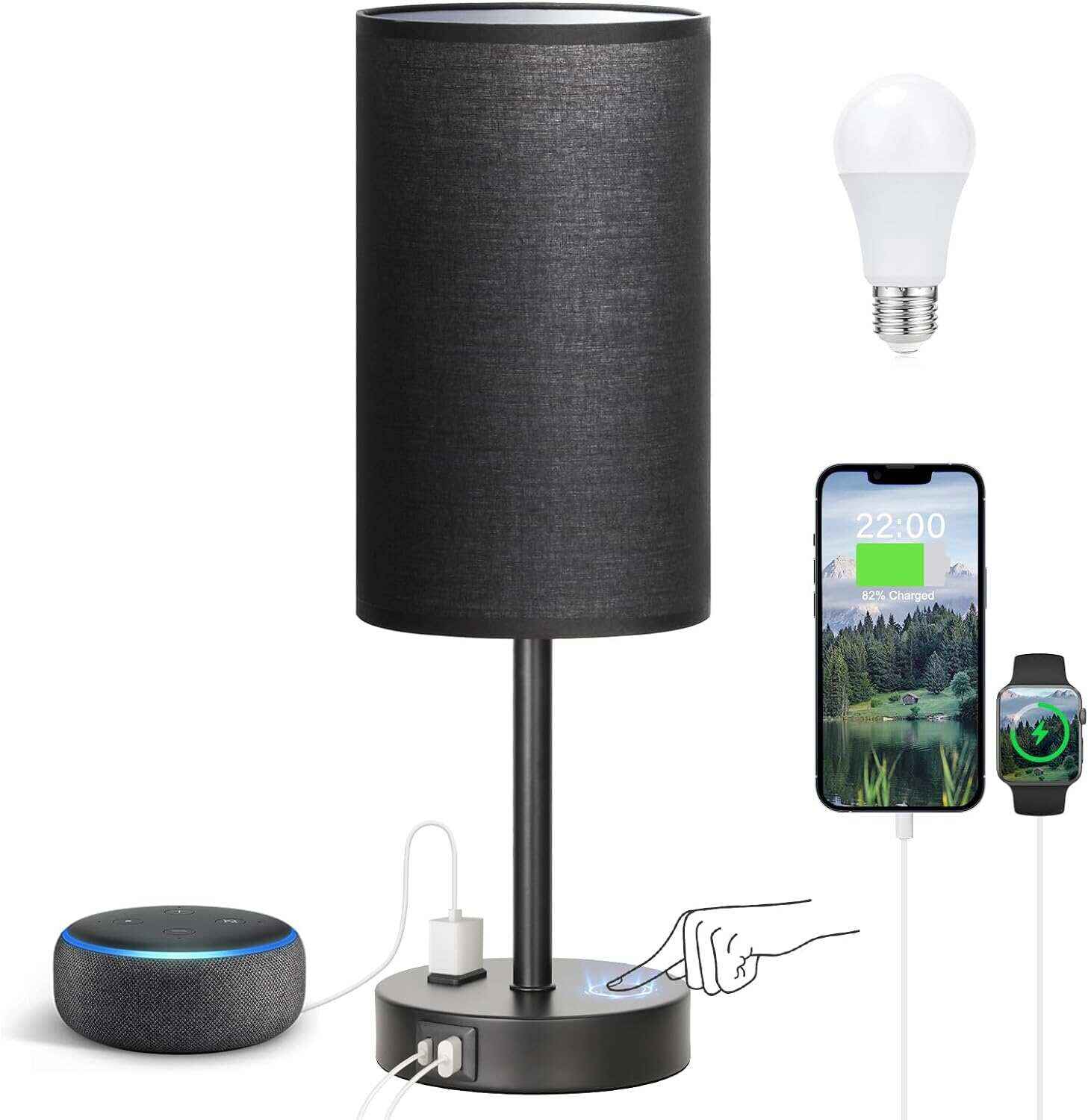 Bedside Table Lamp for Bedroom - 3 Way Dimmable Touch Lamp USB C Charging Ports and AC Outlet, Small Lamp Wood Base Round Flaxen Fabric Shade for Living Room, Desk, LED Bulb Included